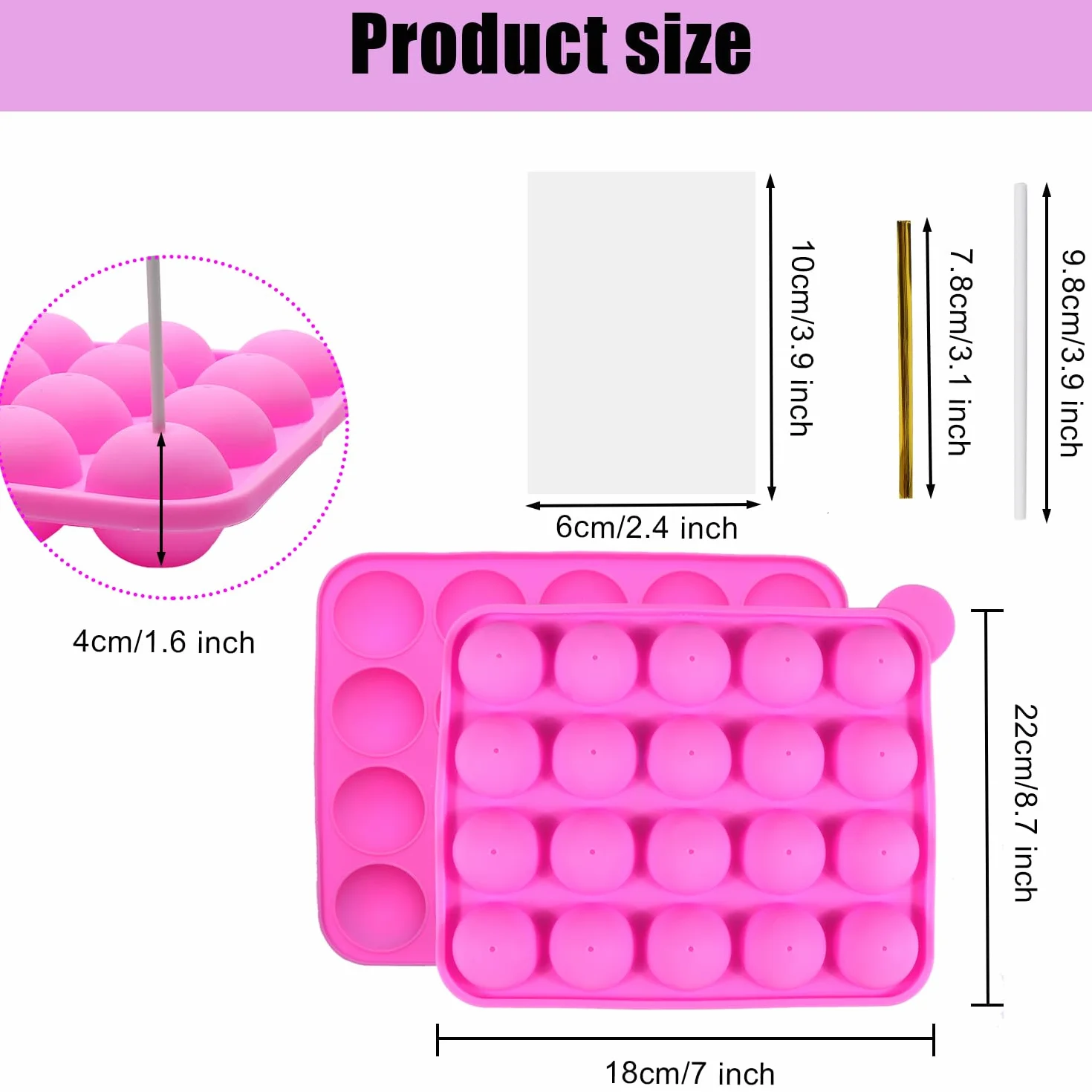Stampi per cake pop da forno, 20 cavità in silicone vassoio Pop cake stick Mould- Lollipop Party Cupcake stampo per torte, 100 cake pop, 100 wrapper, 100 Twist Ties