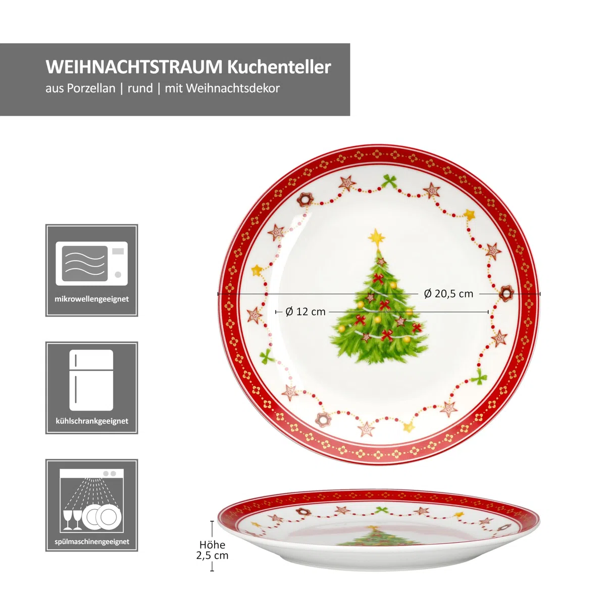 MamboCat Sogno di Natale - Set da 6 piatti da dessert in porcellana, piccoli piatti da colazione per 6 persone con decorazioni natalizie, servizio per insalata, dessert e altro, stoviglie per Natale