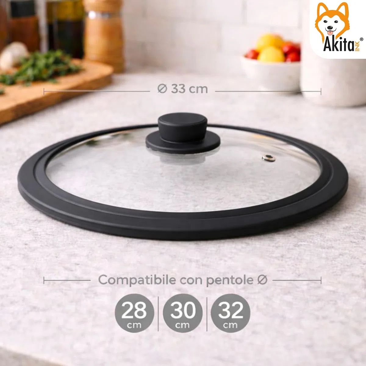 AkitaInk Coperchio Universale in Vetro con Bordo in Silicone - Per Pentole e Padelle - Resistente al Calore - Varianti 16-18-20/22-24-26/28-30-32 cm (DIAMETRO 28, 30, 32 CM)