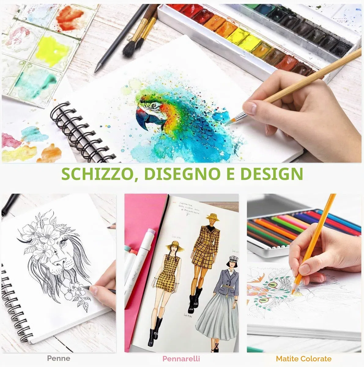 Ohuhu Taccuino da disegno Mixed Media - Carta pesante 200gsm, 124 pagine, Copertina rigida con spirale, Formato quadrato 21x21cm (8,3x8,3in) per acquerello, matite e pennarelli a spirito