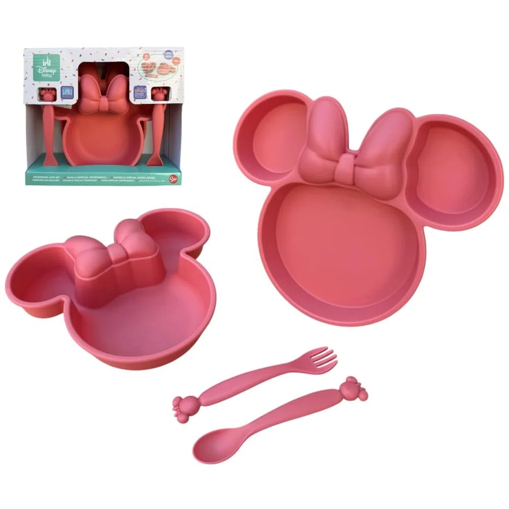 CARTOON Set 4 stoviglie Minnie Disney in plastica riutilizzabile adatto al microonde set pappa sagomato piatti e posate accessori pranzo per bambini