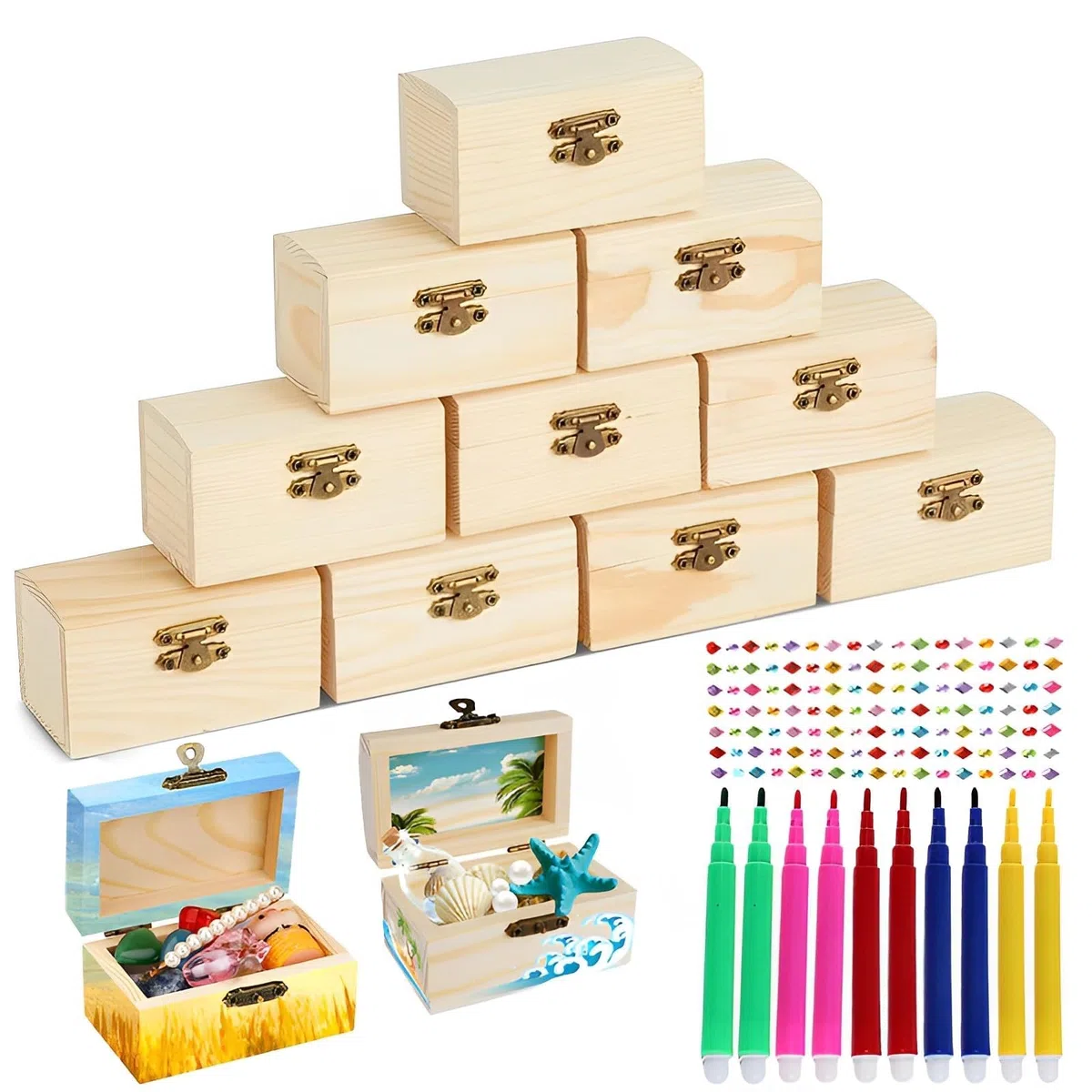 10 Pezzi Mini Cassa Del Tesoro,Con 3 Adesivi Portagioie Cassapanca Scatole in Legno Rettangolari,Scatola Di Legno Fai Da Te Con Coperchio per Feste Di Pirati Di Compleanno Dei Bambini
