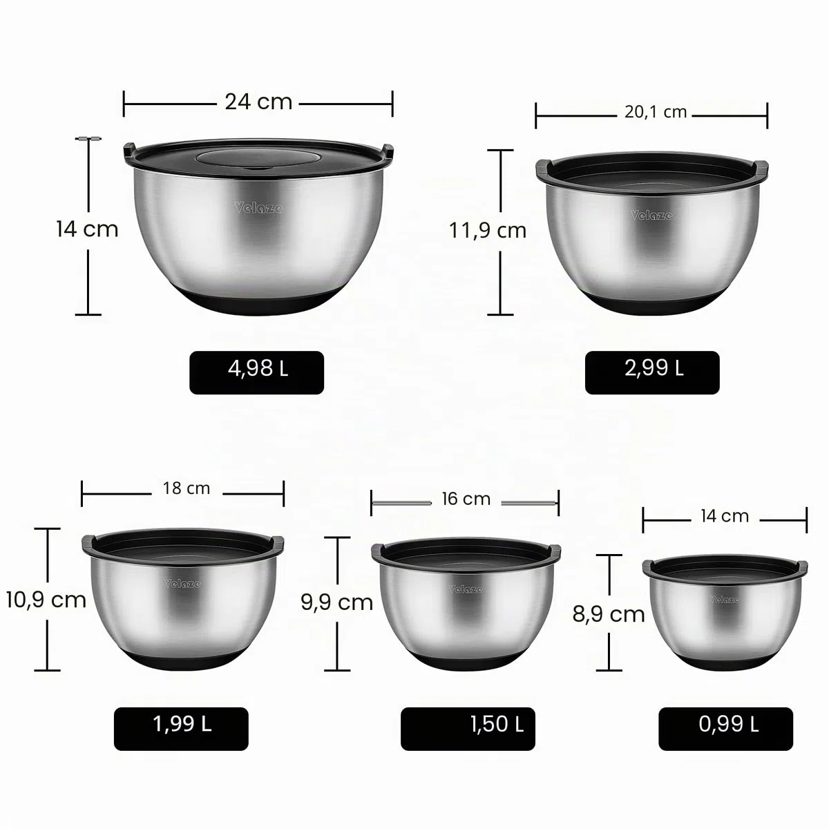 Velaze Set di ciotole in acciaio inox, 5 pezzi, insalatiera con coperchio, 3 inserti per grattugia, fondo in silicone antiscivolo, 5 l, 3 l, 2 l, 1,5 l, 1 l, diverse misure per diverse esigenze