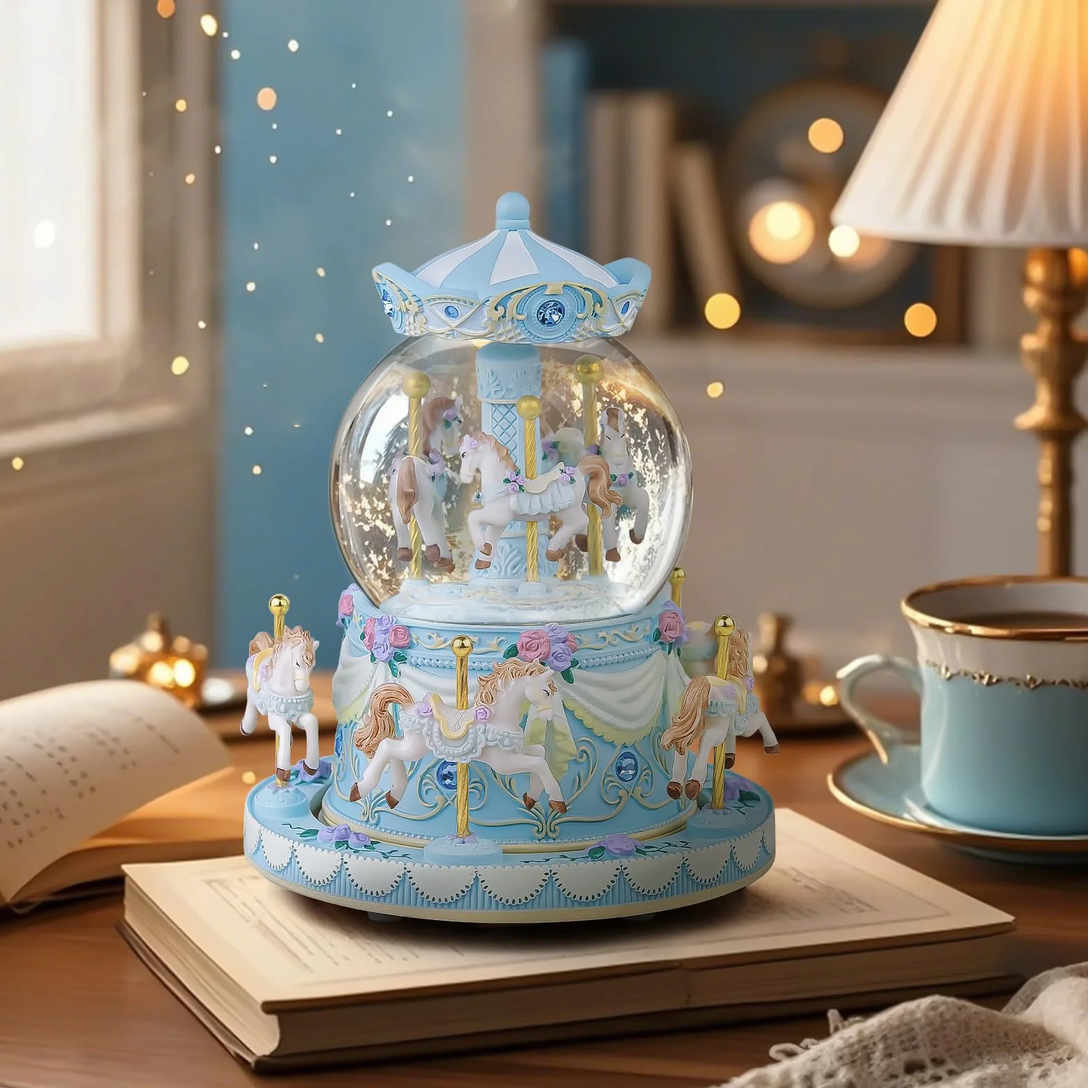 Carillon con carillon a forma di giostra, regalo di compleanno per ragazze, con carosello blu, palla di neve con cavallo, moglie, fidanzata, figlia, mamma, figlio, anniversario, festa della mamma, con