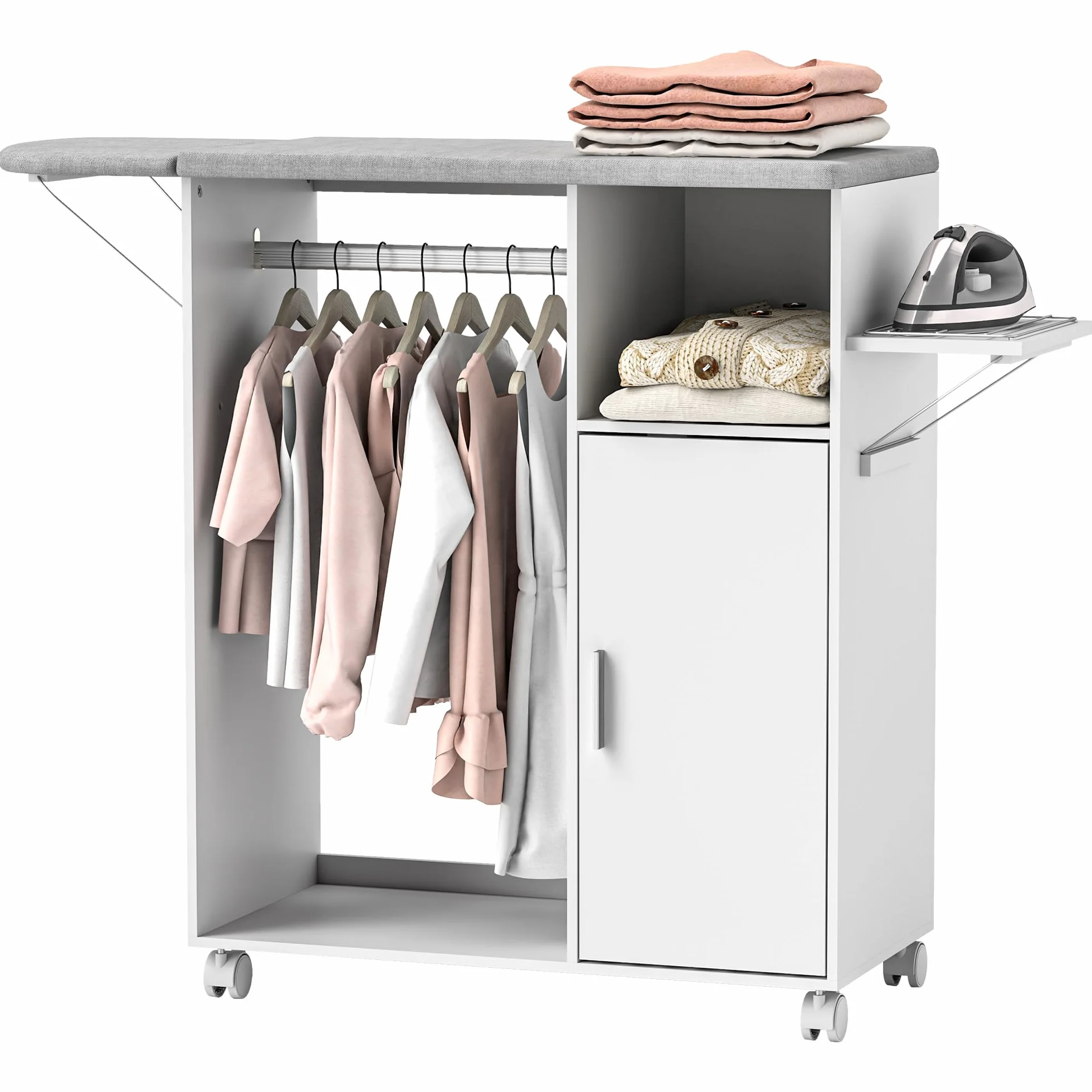 HOMCOM Mobile Asse da Stiro in Truciolato e Spugna con Piano d'Appoggio in Tessuto Effetto Lino, 3 Ripiani a Cubo e Guida per Appendere, per Lavanderia, Bagno, 127x42.5x99 cm, Bianco