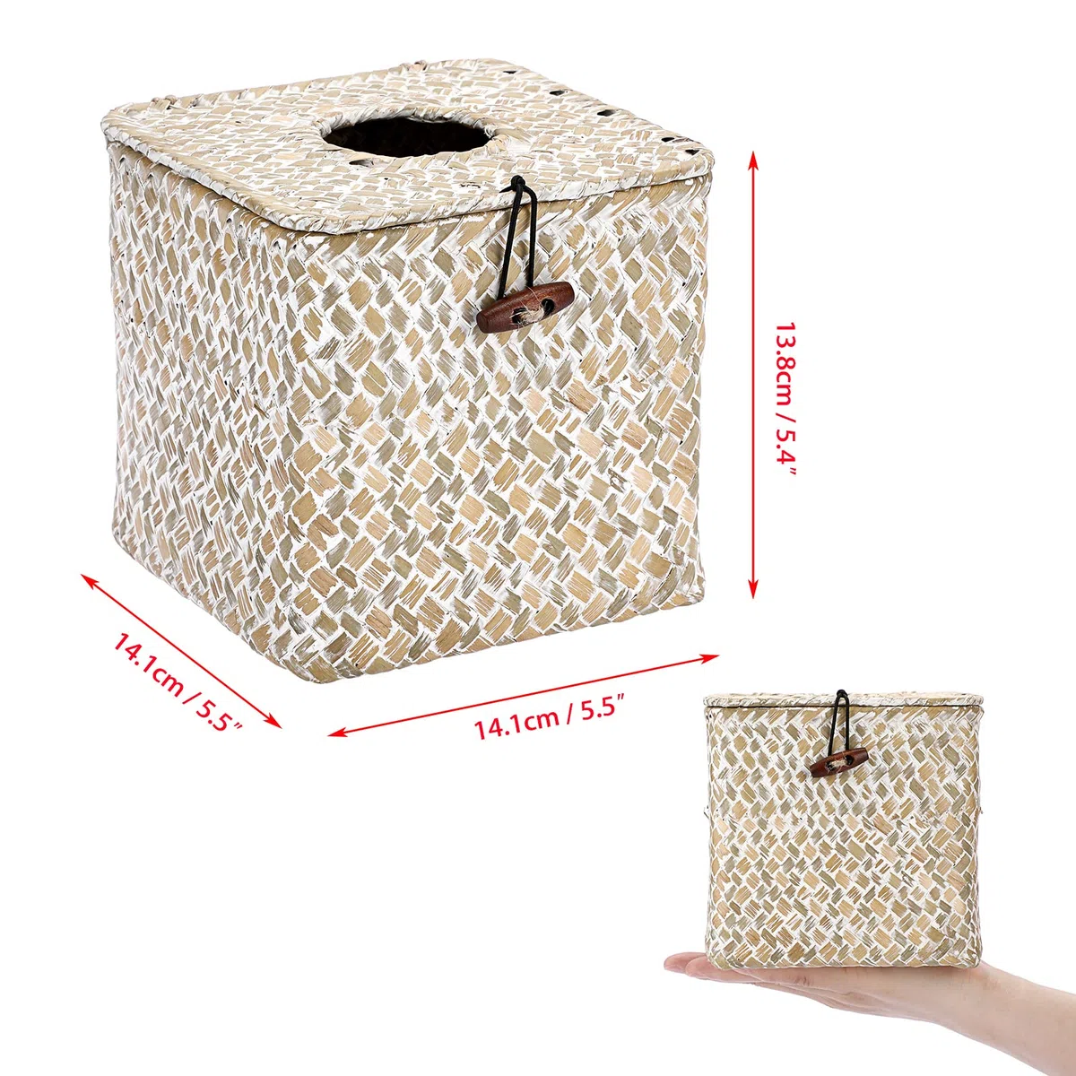 BTSKY Scatola per fazzoletti per il viso quadrata in legno di alghe – Porta fazzoletti decorativi in vimini per cucina, bagno, ufficio e hotel, imbiancatura