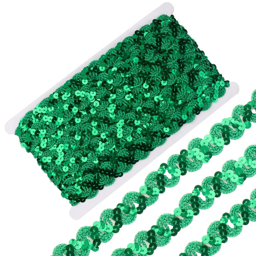 11M Nastro di Paillettes Verde Ricamo Glitter Paillettes Nastri di Poliestere Strisce Ondulate Rotonde Piatte per Cucire Decorazioni Natalizie Confezionamento Regalo Forniture per Artigianat