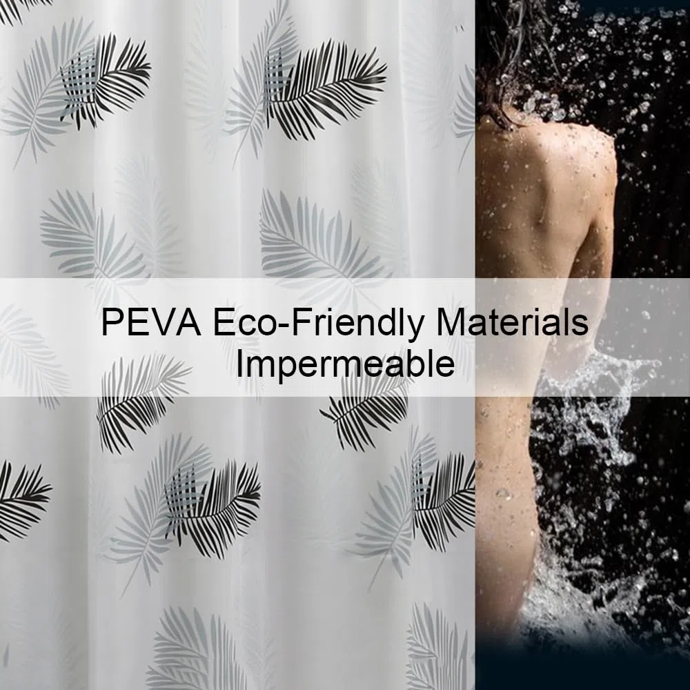 Tenda da Doccia PEVA Impermeabile 240x180 CM, Tenda da Doccia Antimuffa Foglie Nere, Tende da Bagno Bianca ad Asciugatura Rapida, Extra Larga 300 CM, Semitrasparente, con Ganci in Plastica
