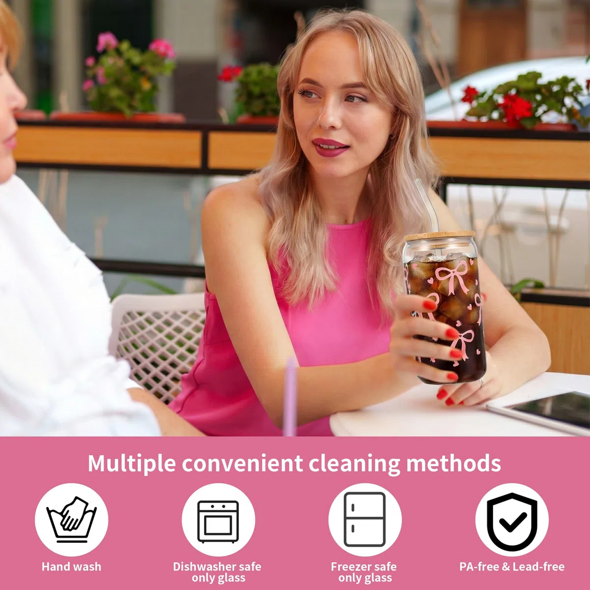 Bicchiere con Cannuccia e Coperchio, 16 oz Tazza di vetros, bicchiere vetro con cannuccia, tazza vetro, tazze con fiocco rosa, bicchieri acqua vetro per bubble tea, acqua, cocktail, regali