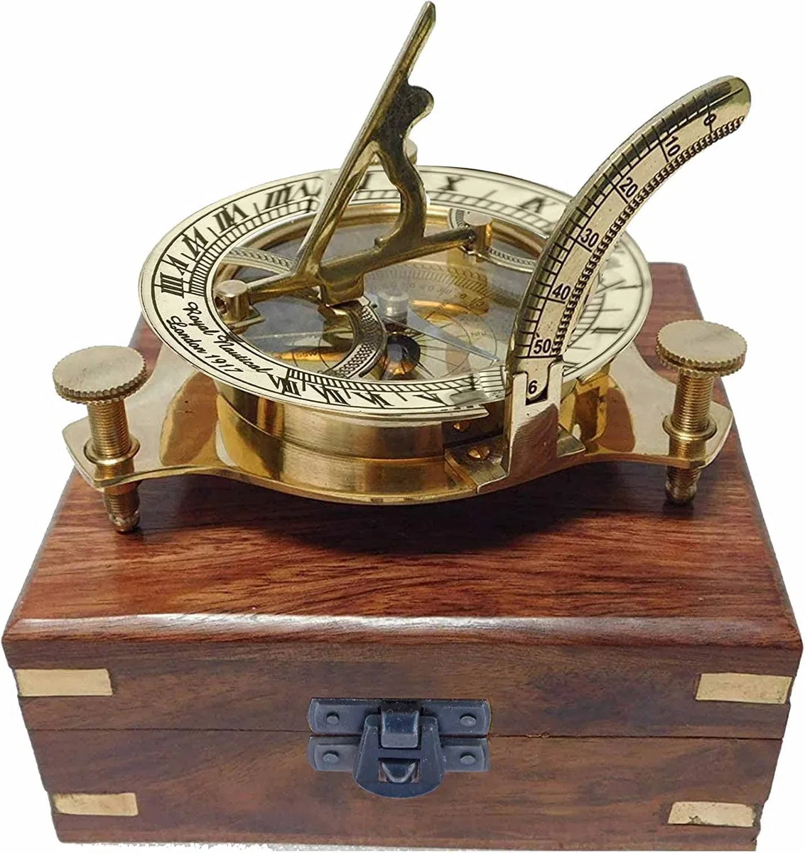 Bussola decorativa per la casa con meridiana nautica – bussola meridiana in ottone massiccio da 7,6 cm con scatola di legno bussola triangolare in ottone con gambe a vite regolabili strumento di