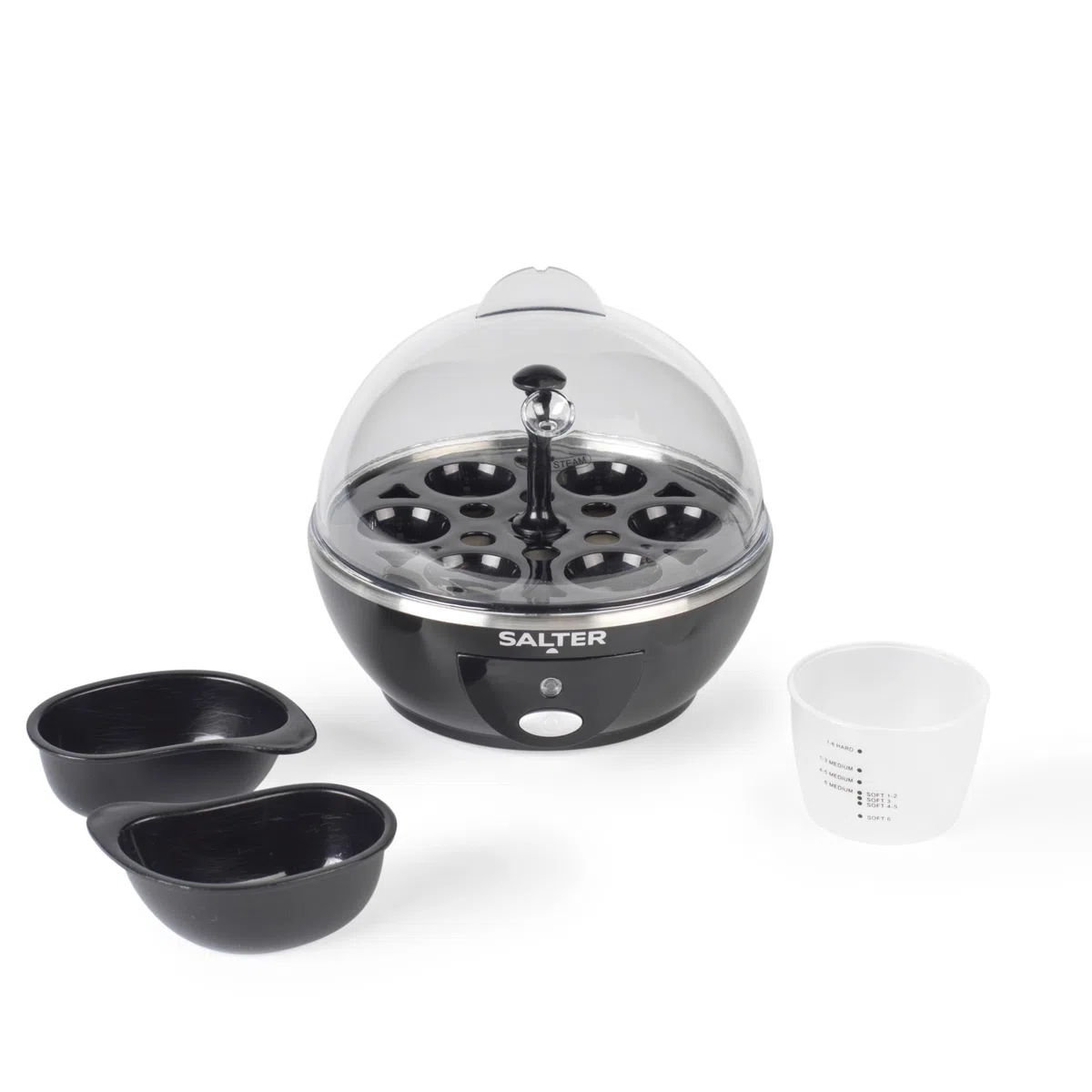 Salter Fornello multiuso - Bollitore con Capacità di 6 Uova, Ottimo per Uova alla Coque, Sode e in Camicia, Include Bicchiere Dosatore, Porta Uova Rimovibile e 2 Teglie per Cottura a Vapore, 430W