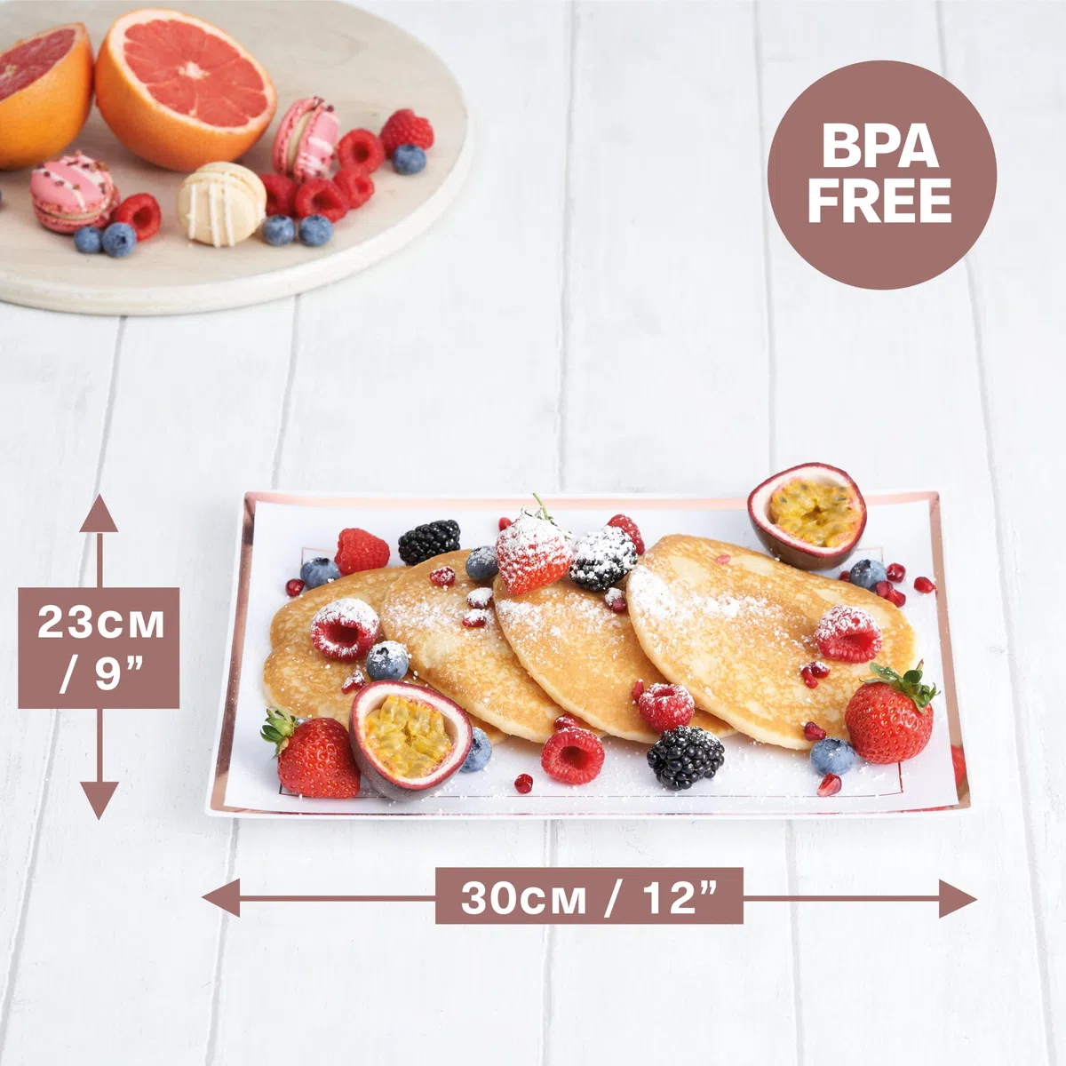 Matana 6 Vassoi da Portata in Plastica Bianca con Bordo Oro Rosa per Finger Food, Aperitivo - 30x23cm - Buffet, Matrimoni, Compleanni, Feste - Resistenti e Riutilizzabili