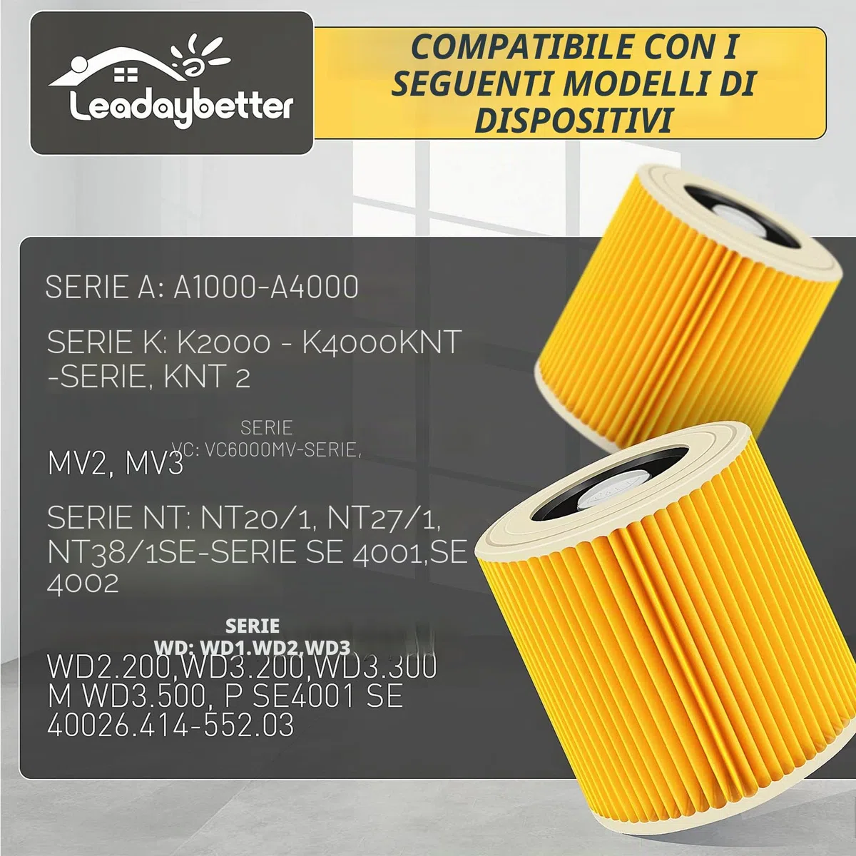 Confezione da 2 cartucce filtranti per Kärcher Premium WD3 WD2 MV2 MV3 WD 3P, WD 3.200, WD 3.500 P, SE 4001, SE 4002, A2054, A2004, A2254, A2604, Filtro aspirapolvere 6.414-552.0, 6.414141414. -772.