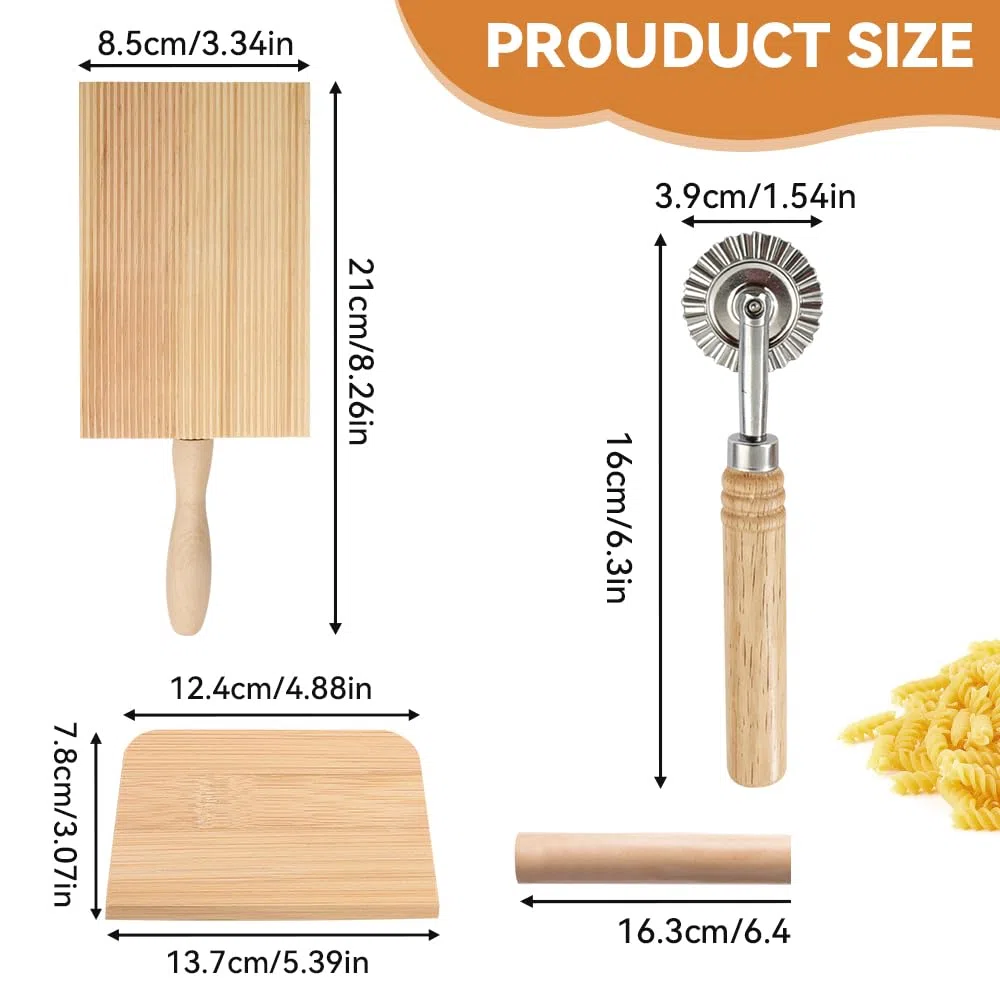 4 Pz Set di Rigagnocchi con Asta per Garganelli, Rigagnocchi in Legno, Utensile Manuale Realizzare Garganelli e Gnocchi, Pasta Board Gnocchi Roller con Mattarello, Taglia-pancake e Raschietto