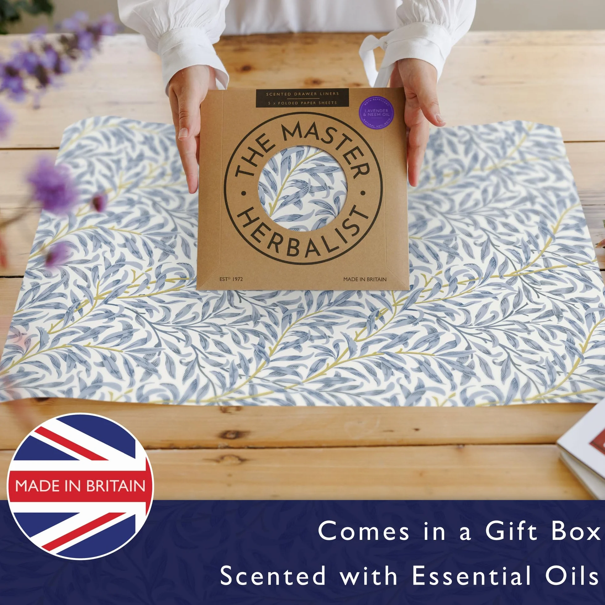 The Master Herbalist Fragranti fodere profumate per cassetti design William Morris (piegati), confezione da 5 fogli, contiene oli essenziali, prodotte nel Regno Unito (Olio di lavanda e neem, Folded)
