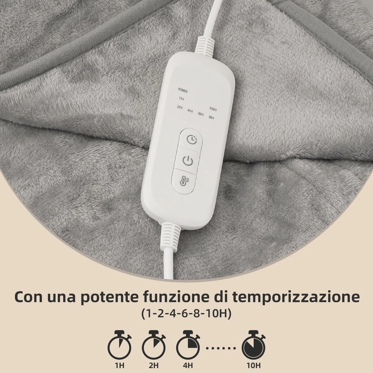 Coperta Elettrica Bifacciale in Flanella Adatta per 1-2 persone, 160 x 130 cm, con Timer da 1 a 10 Ore, 9 Impostazioni di Temperatura, Riscaldamento Rapido e Protezione dal Surriscaldamento.