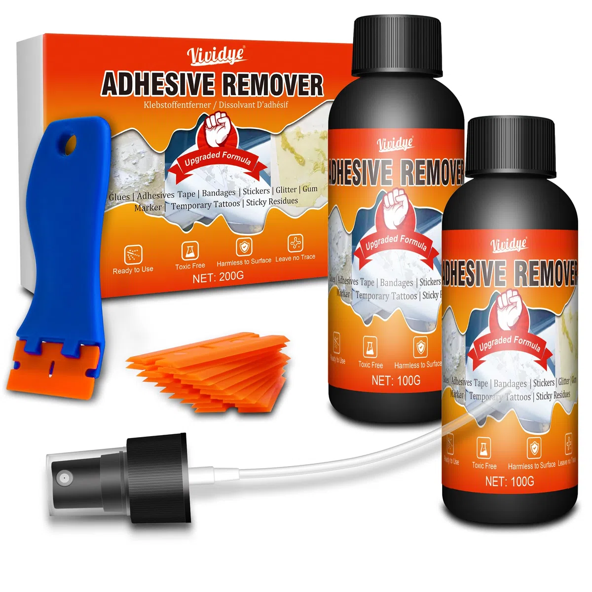 Rimozione Adesiva, 200ml Spray Professionale per Rimuovi Colla Adesivi con Raschietto e Lame di Rasoio, Solvente per Supercolla Sicuro su Più Superfici, Rimuove Rapidamente Etichette e Residui Colla