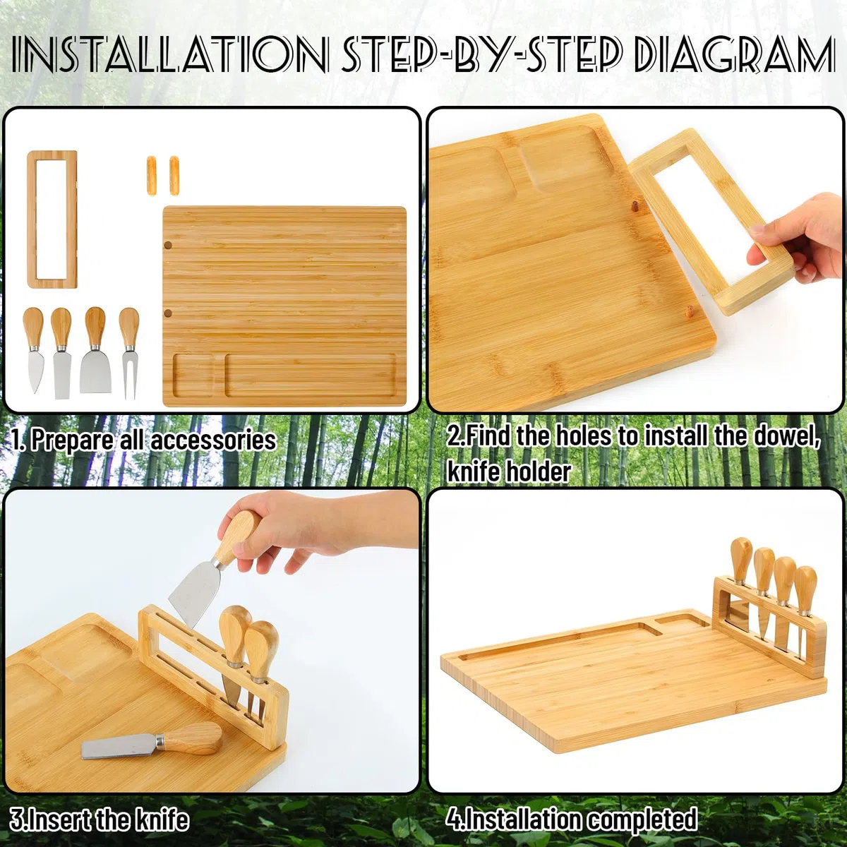 Tagliere per Formaggio in Bambù 35.5 * 28CM Con Set di Coltelli - Ideale per Vegetariani, Amanti del Cibo e Appassionati di Cucina