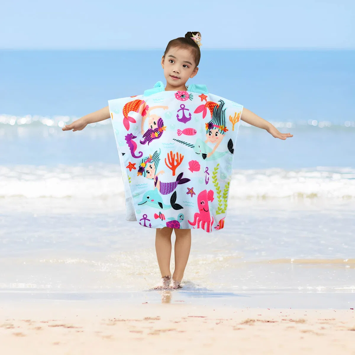 Poncho da Bagno per Bambini, Asciugamano da Spiaggia Per Bambini con Cappuccio Telo Mare in Microfibra per Spiaggia Bagno Doccia Nuotare Piscina Accappatoio per Ragazze Ragazzi 2-8 Anni