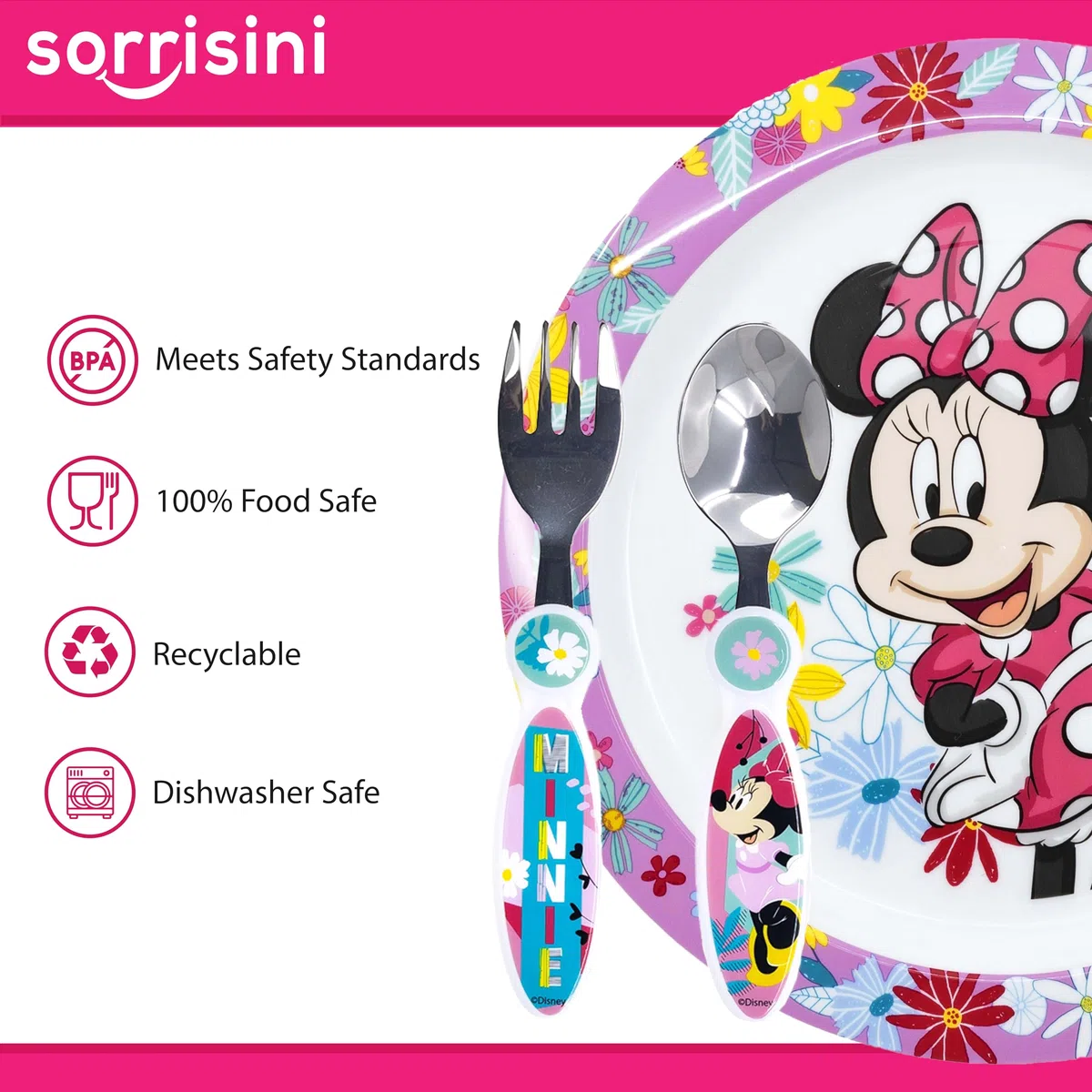 Set Stoviglie bambini, Piatti riutilizzabili per asilo, scoula, piatto, posate in acciaio inox, Set piatti in plastica dura andata per microonde, Minnie