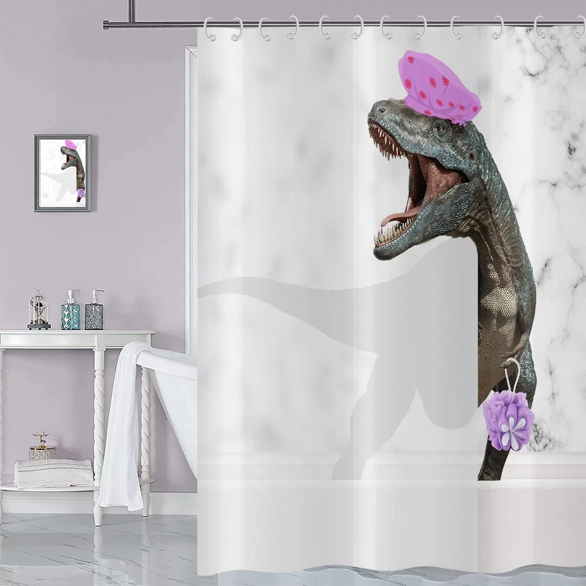 Tenda da doccia divertente dinosauro 180x200, grigio e bianco marmo tenda da bagno carino bagno Dino Raptor bambini creativo moderno impermeabile poliestere tessuto lavabile tenda da bagno