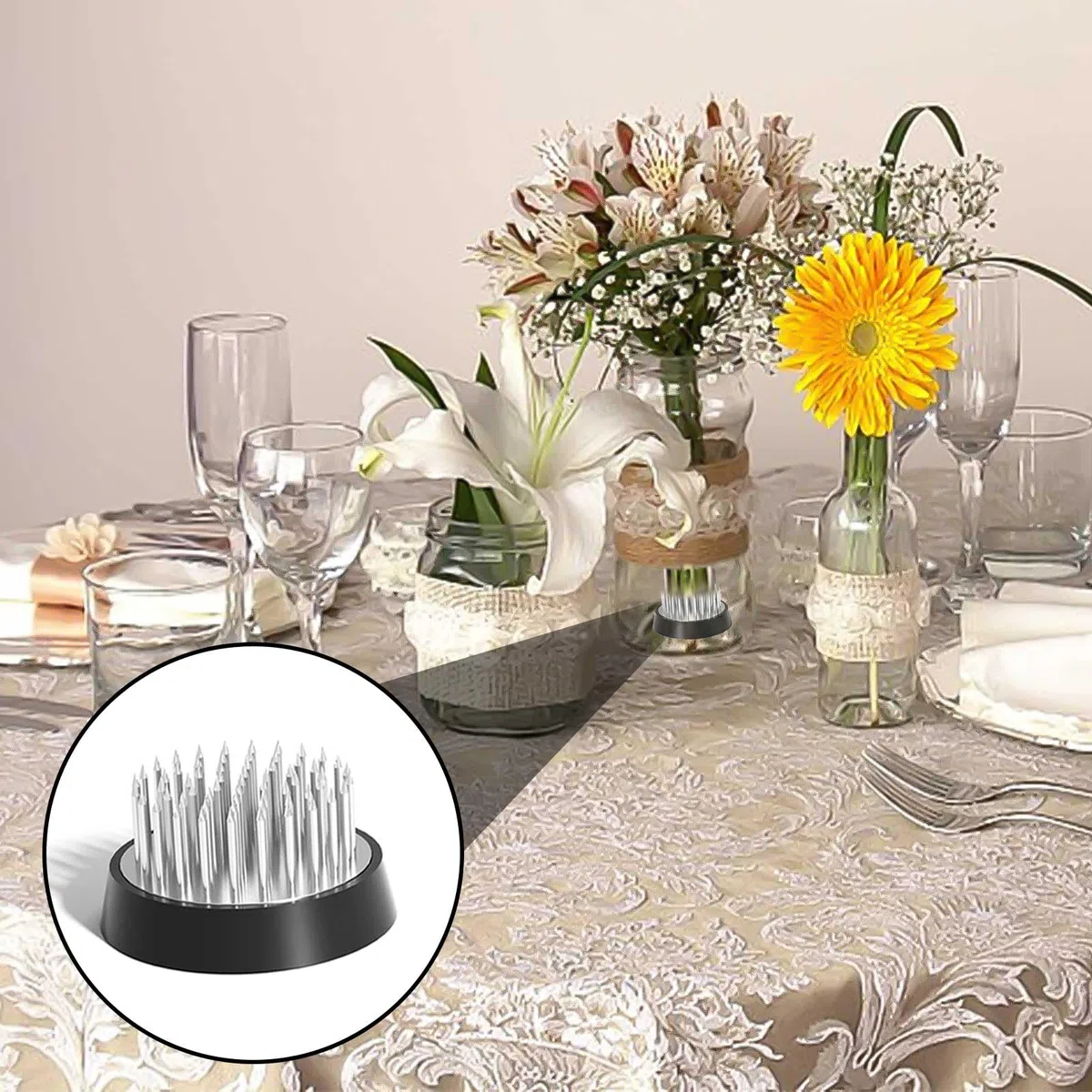 4 Pezzi Argento Fiori Flower Holder, 3 Misure D23*2+D34+D46 Flower Disposizione Pin, Round Acciaio Inossidabile Disposizione dei Fiori Pin, per Composizioni Floreali per Casa, Giardino, Hotel