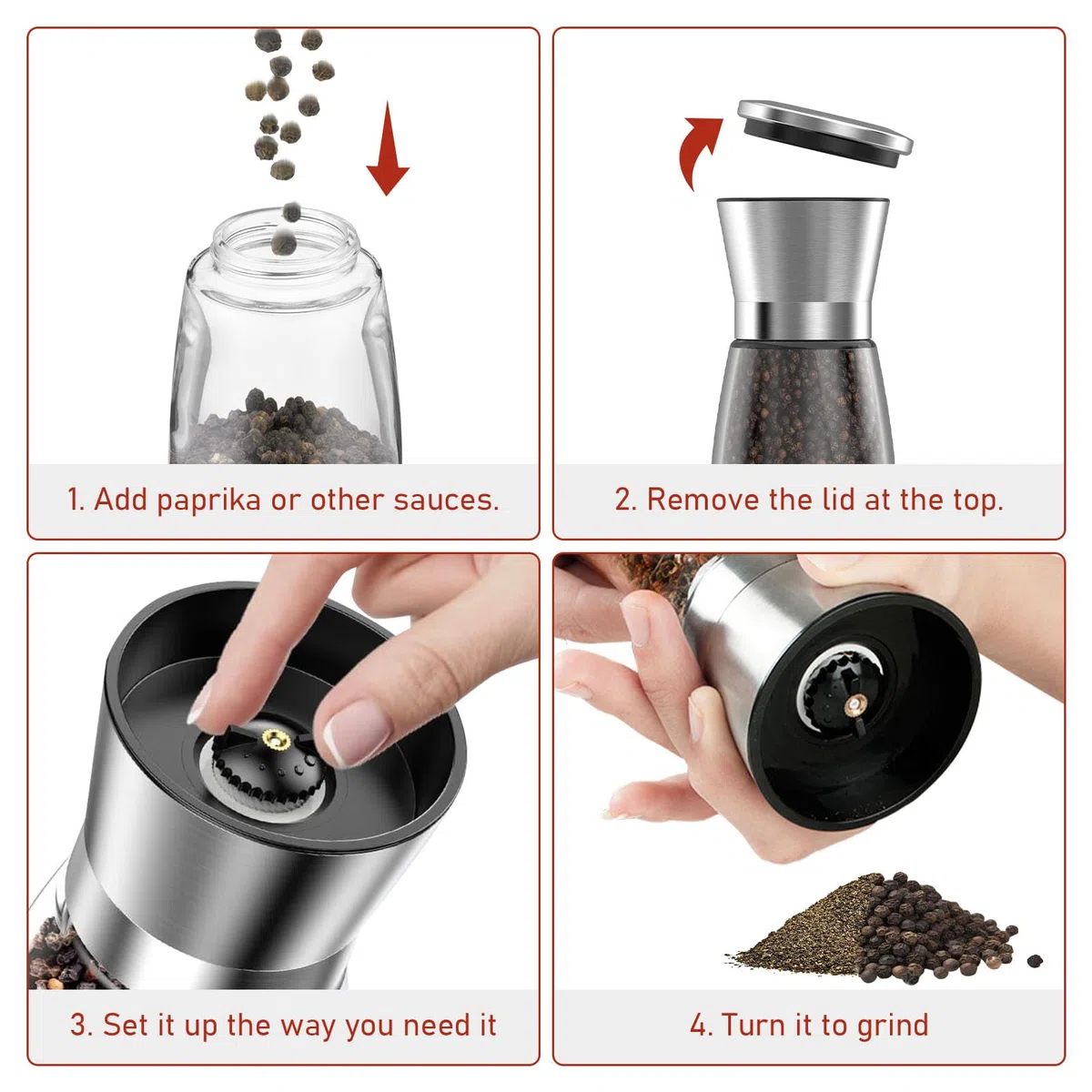 4 Pezzi Macina Sale Pepe,Manuale Saliera e Pepiera,Vetro e Acciaio Inox,Dimensioni Regolabili Dei Grani Macina con Nucleo di Macinazione in Ceramica[Senza Contenuto di Spezie]