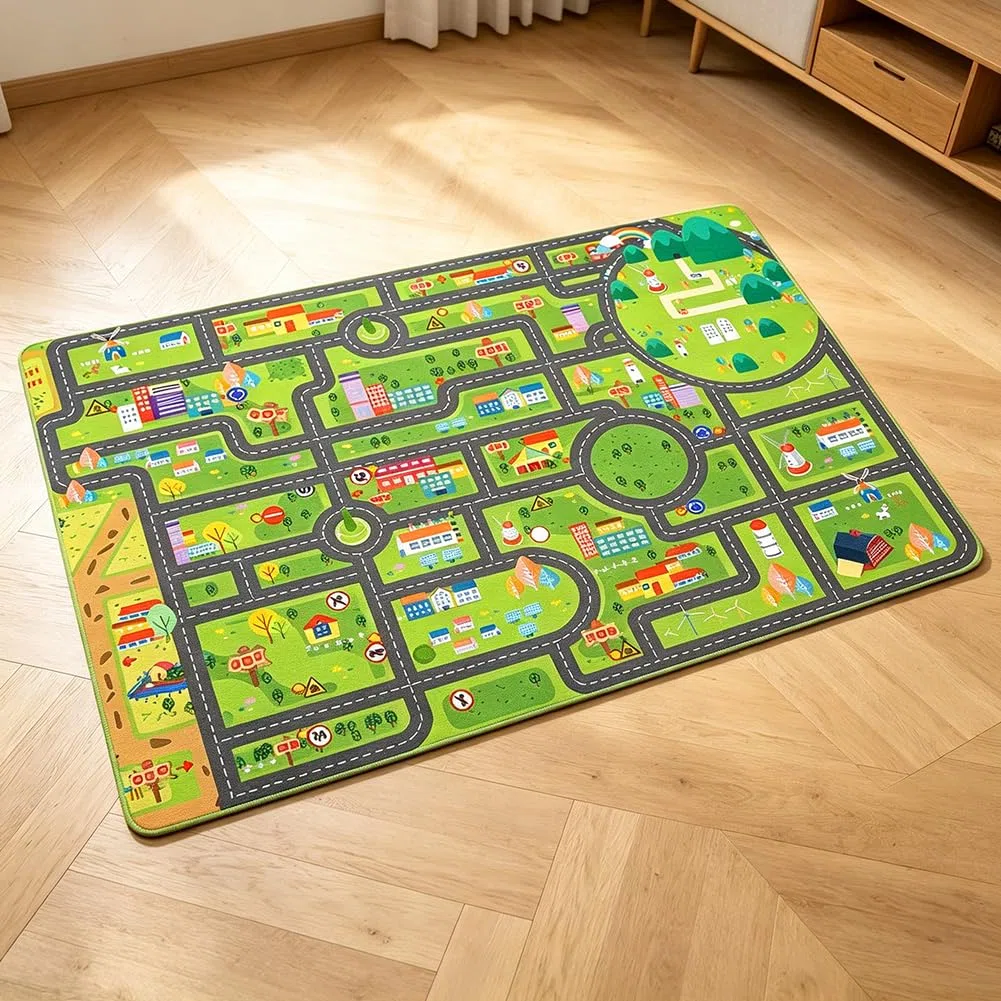 Tappeto con Tracciato Stradale Cartoon, Tappeto Mappa Città, Carpet in Fibra di Poliestere,Carpet Decorativo Antiscivolo e Lavabile per Ambienti Domestici-80x120cm