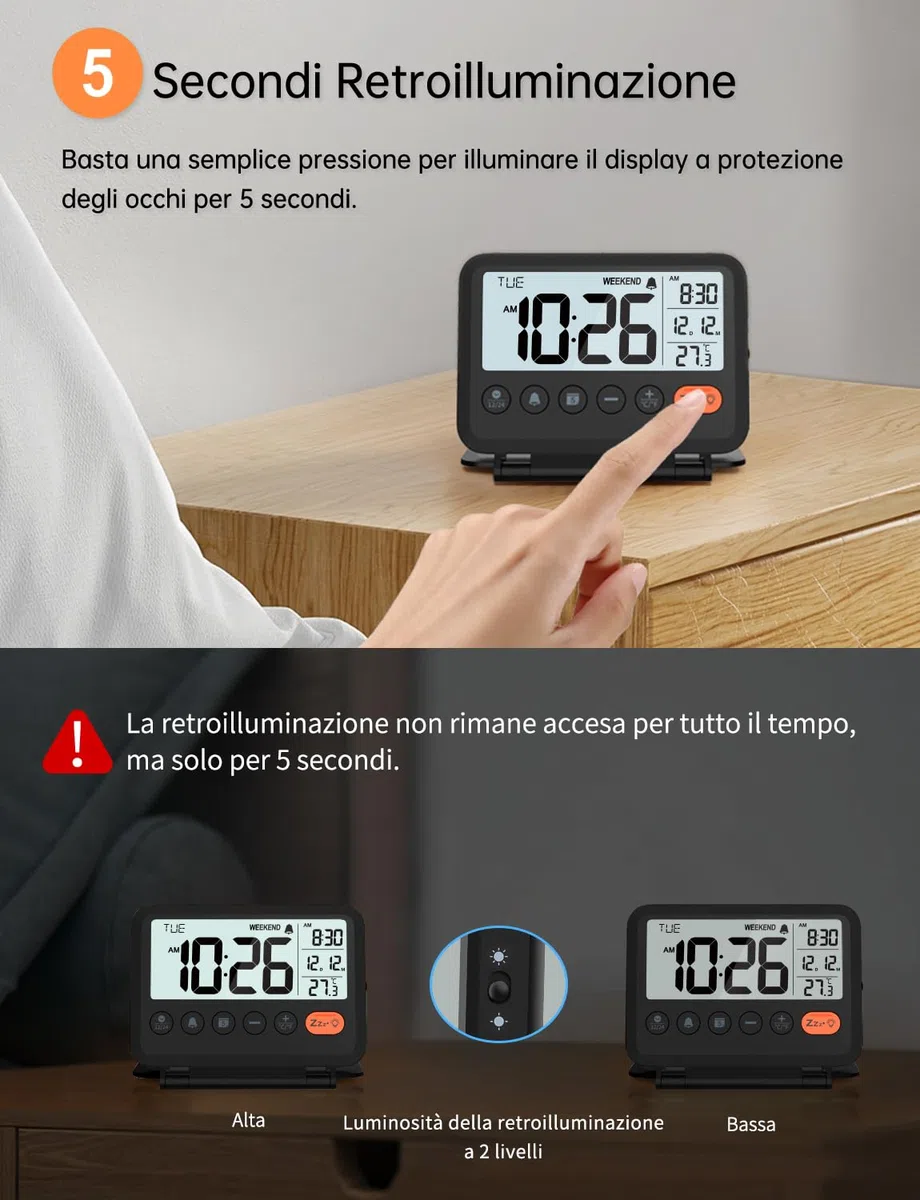 Sveglia digitale da viaggio: Piccola sveglia LCD con temperatura, 12/24 ore, modalità weekend e 2 volumi, ideale per la camera da letto e l'ufficio (batteria inclusa)