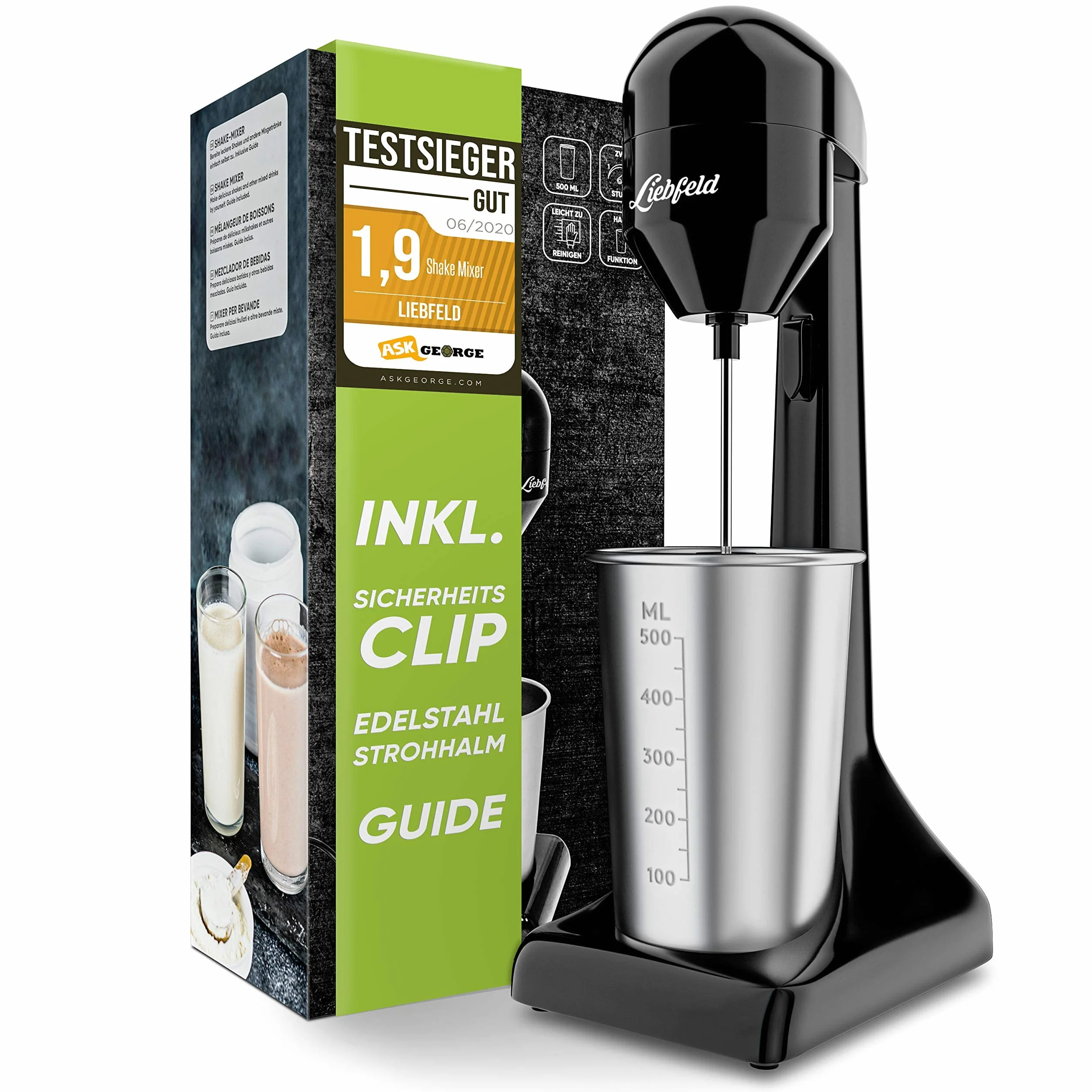 Liebfeld Shaker proteico elettrico – Frullatore a immersione con tazza in acciaio inox da 500 ml, frullato proteico e latte shake, fitness, bianco d'uovo, frullatore frappe, frullatore per frullati