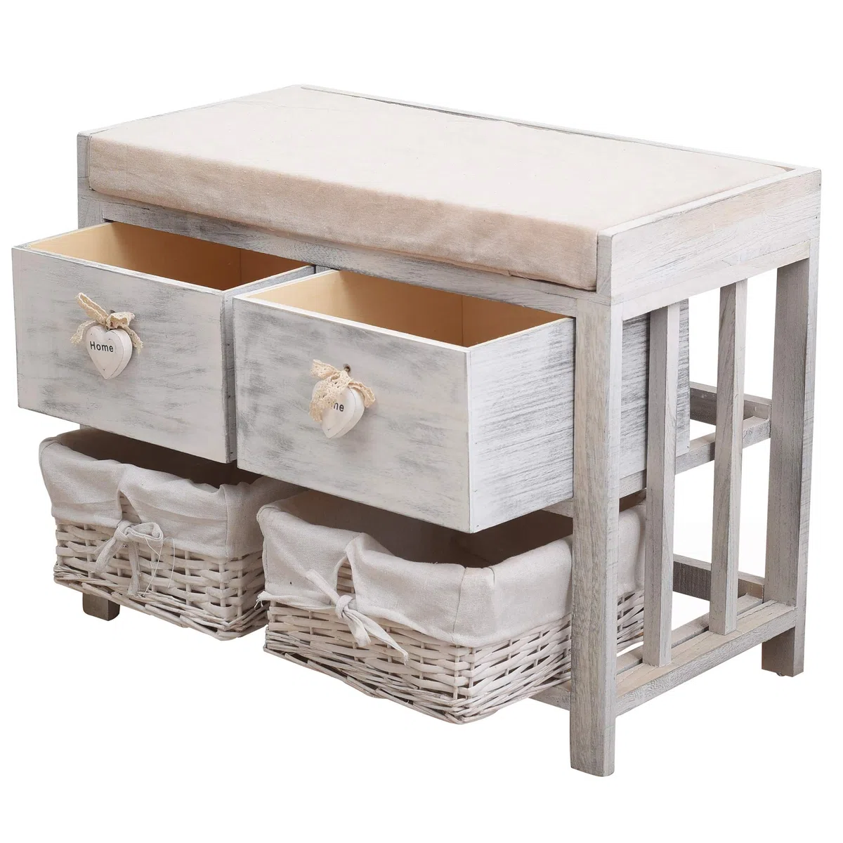 Rebecca Mobili Panchina contenitore di legno, seduta imbottita 2 cassetti e 2 ceste vimini, bianco, stile vintage, arredo camera bagno - Misure: 46 x 60 x30 cm (HxLxP) - Art. RE4553