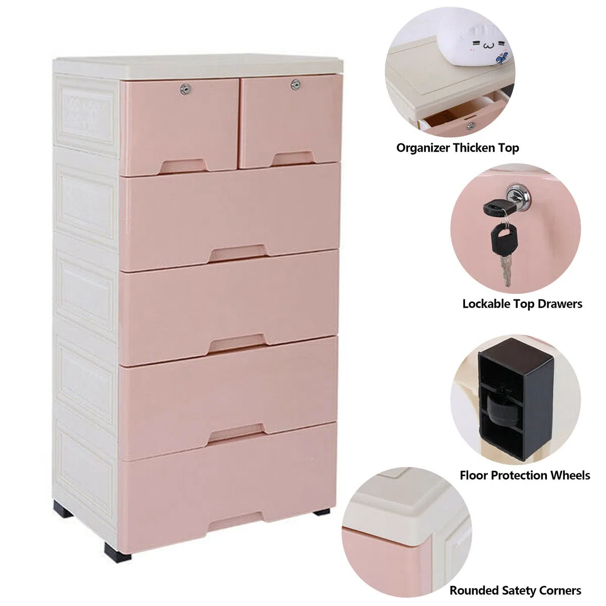Torre portaoggetti in plastica, cassettiera con 6 cassetti e 4 ruote, modernità per soggiorno, camera da letto, larghezza 50 x profondità 30 x altezza 120 cm (rosa)
