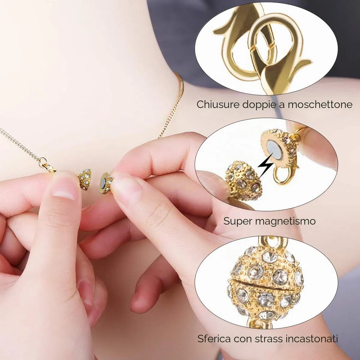 Magnetici Catenacci Chiusure di Aragosta Magnetica per la Collana del Braccialetto Gioielli Decor, Strass Palla Stile, Cilindrico e Palla Tono (Argento e Oro) 12 Pezzi