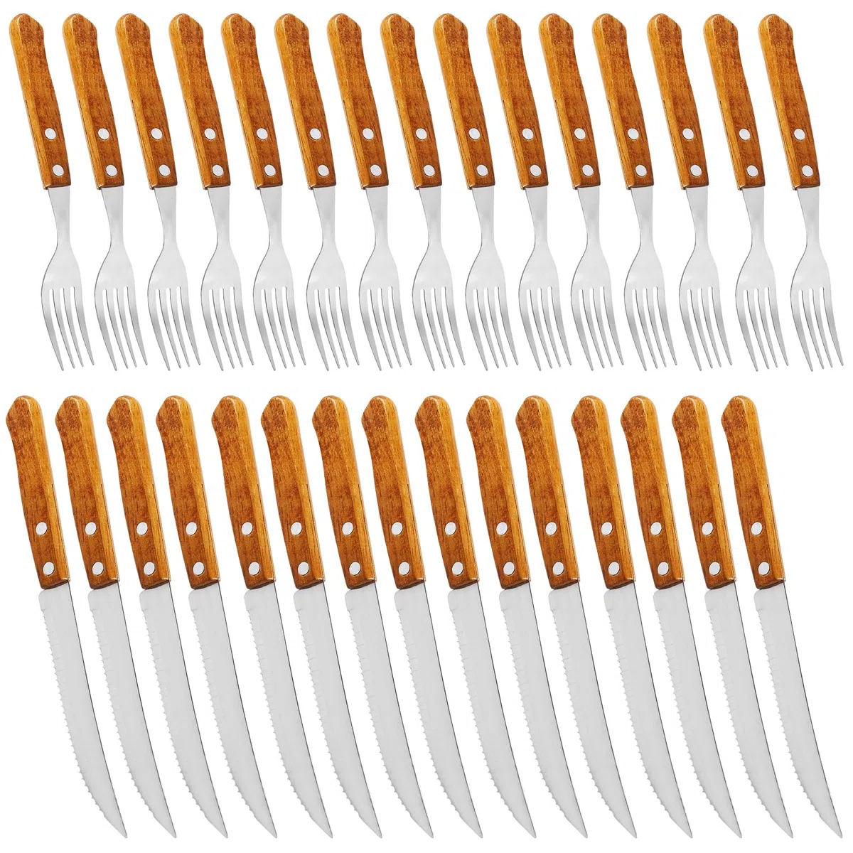 Set di posate da bistecca in acciaio inox, 30 pezzi di posate da bistecca in acciaio inox, legno, forchetta e coltelli, 15 forchette da tavola e 15 coltelli da tavola per 15 persone, affilato a