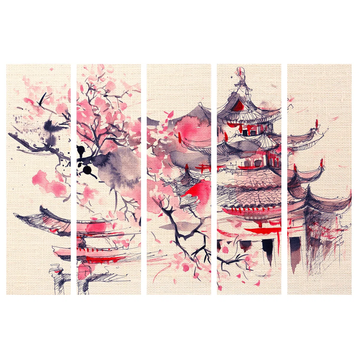 decomonkey 5 Panelli Paravento - 225 x 171cm Japan Flowers Divisorio Separè per la separazione degli ambienti la casa l'ufficio la spa