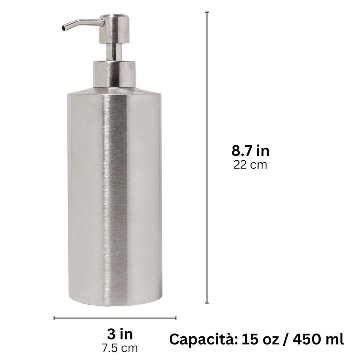 Yew Design dispenser di sapone in acciaio inox argento per bagno e lavello da cucina, ricaricabile, 450 ml, pompa rotonda in acciaio inox per sapone, detergenti, lozioni e piano di lavoro