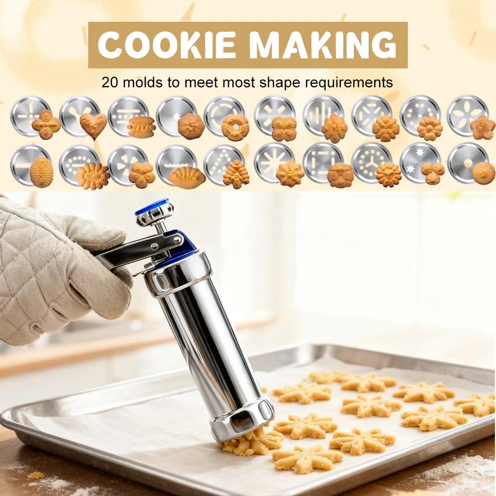 Pressa per biscotti a spruzzo, in acciaio inox, con 20 stencil e 8 beccucci in acciaio inox, macchina per biscotti, pressa per biscotti, pressa per biscotti per torte, dessert fai da te