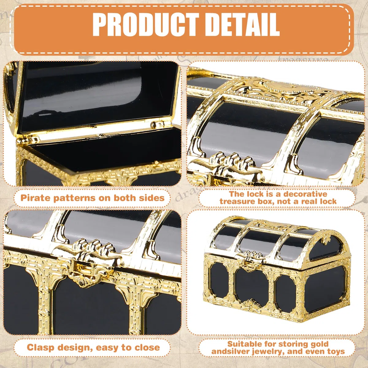 12 mini scrigno del tesoro dei pirati: piccolo scrigno del tesoro in plastica con 12 monete d'oro e 12 pietre preziose, scrigno del tesoro per feste dei pirati, decorazione 7,5 x 5,2 x 5 cm