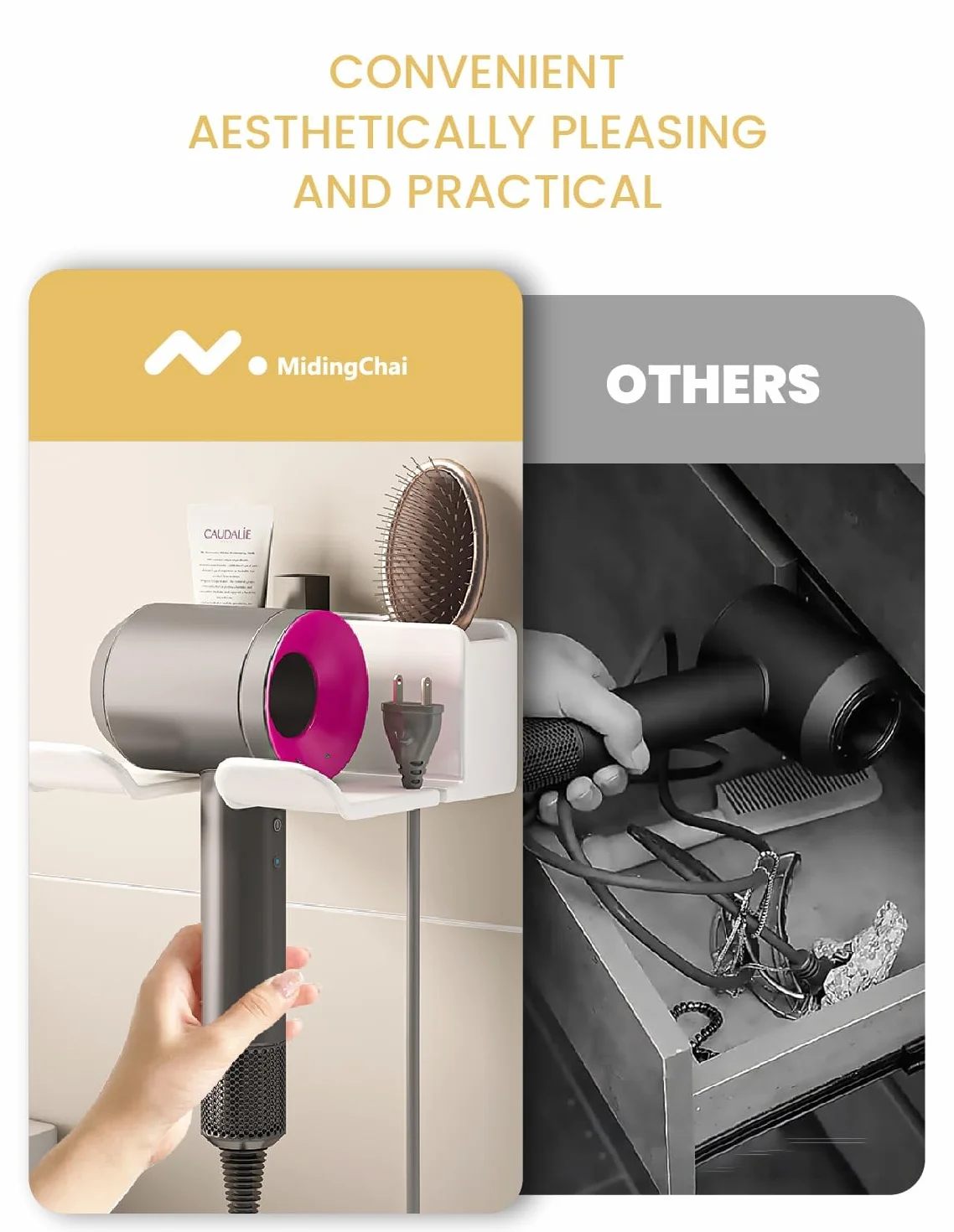 Porta Phone Bagno da Muro Adesivo, Porta Asciugacapelli, Supporto per Asciugacapelli per Bagno 2 Scomparti e Portacavi (16*6.5*12.6CM)