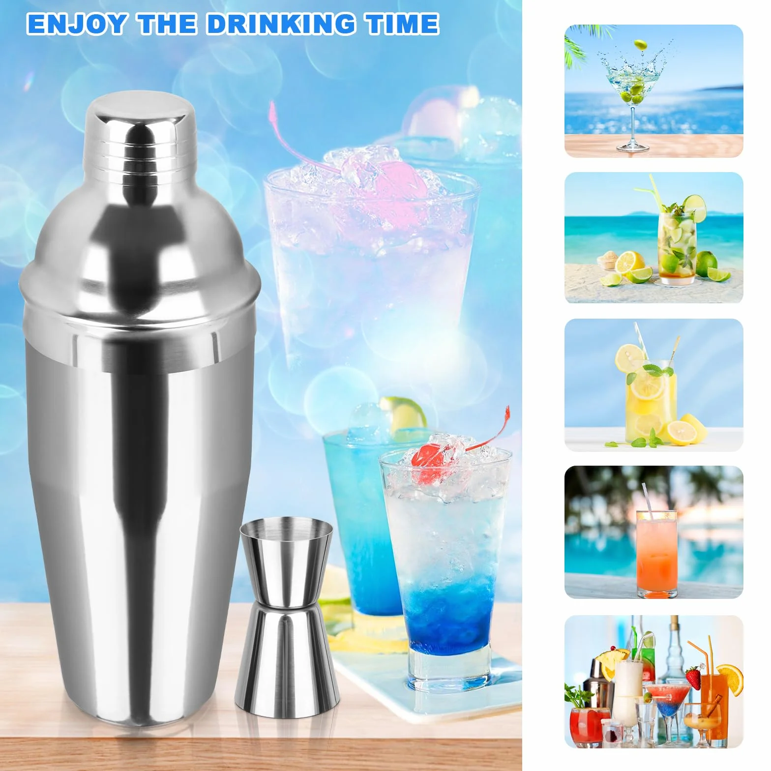 750 ML Shaker, 5 Pezzi Shaker Cocktail Set Kit da Barman in Acciaio Inox, Professionale Barman Set, con Colino, Jigger, Cucchiaio, per Miscelare Bevande, Casa, Bar, Feste (Argento)