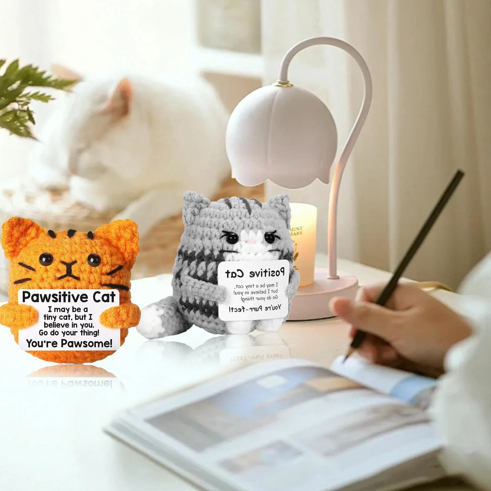 Animali di peluche positivi a uncinetto Gatto, 2 pezzi Animale di peluche di supporto emotivo Regalo, Regali positivi Gatto, Regalo incoraggiante, Portafortuna con biglietto di incoraggiamento