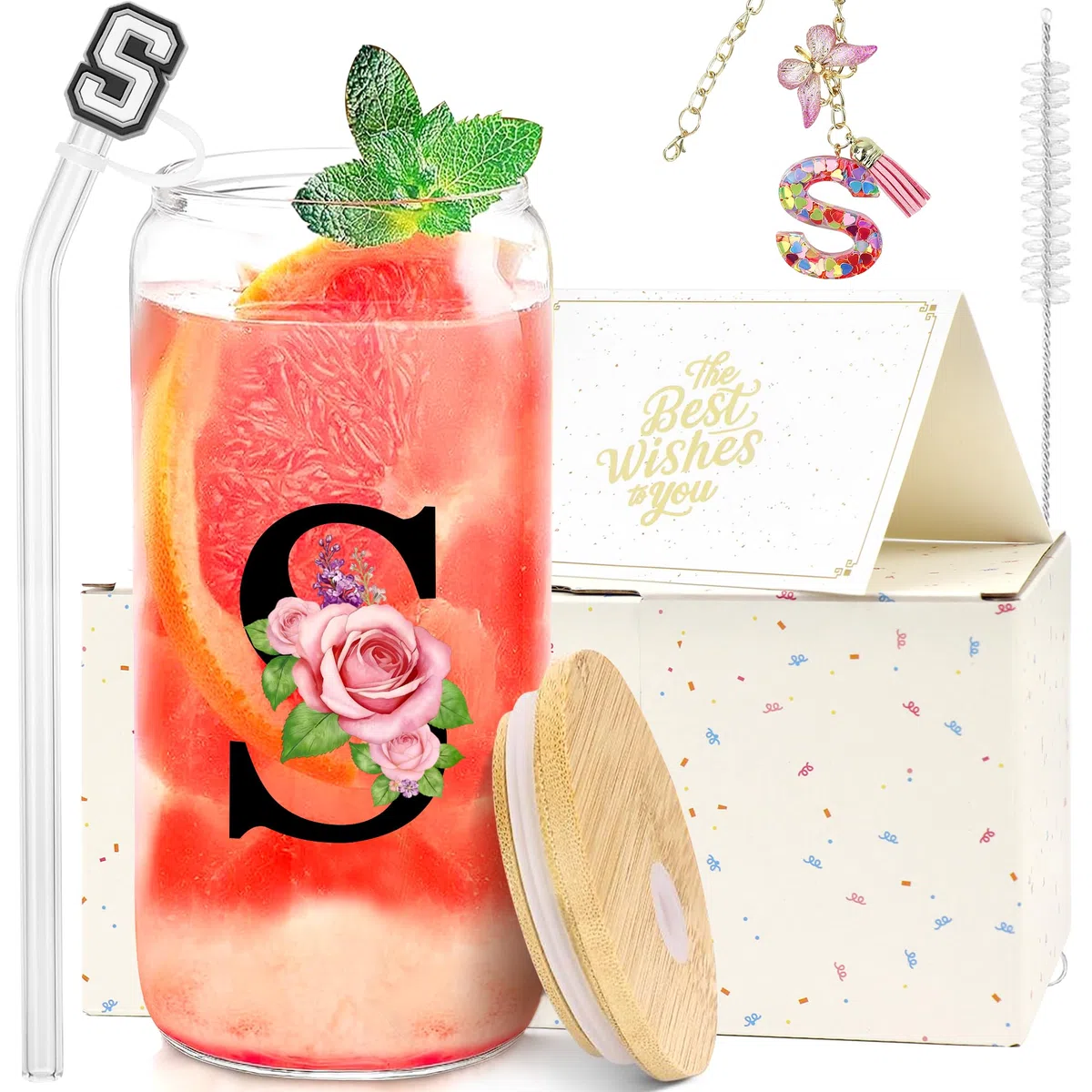 Bicchiere con Cannuccia in Vetro con Coperchio e Portachiavi a Lettera, Tazza Personalizzata, Regalo Donna per la Festa Della Mamma, San Valentino o Natale (S)