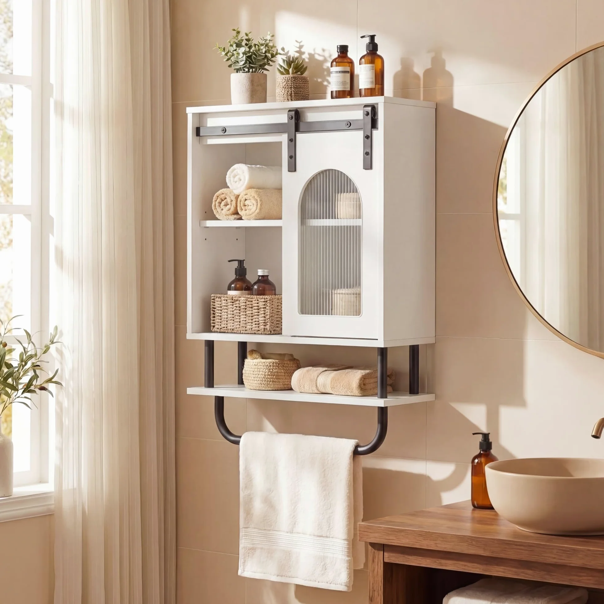 LIFEZEAL Armadio a Parete per Bagno, Armadio con Porta Asciugamani e Scomparto Aperto, Mobile Sospeso per Bagno, Cucina, Soggiorno, 50 x 20 x 70 cm (Bianco)