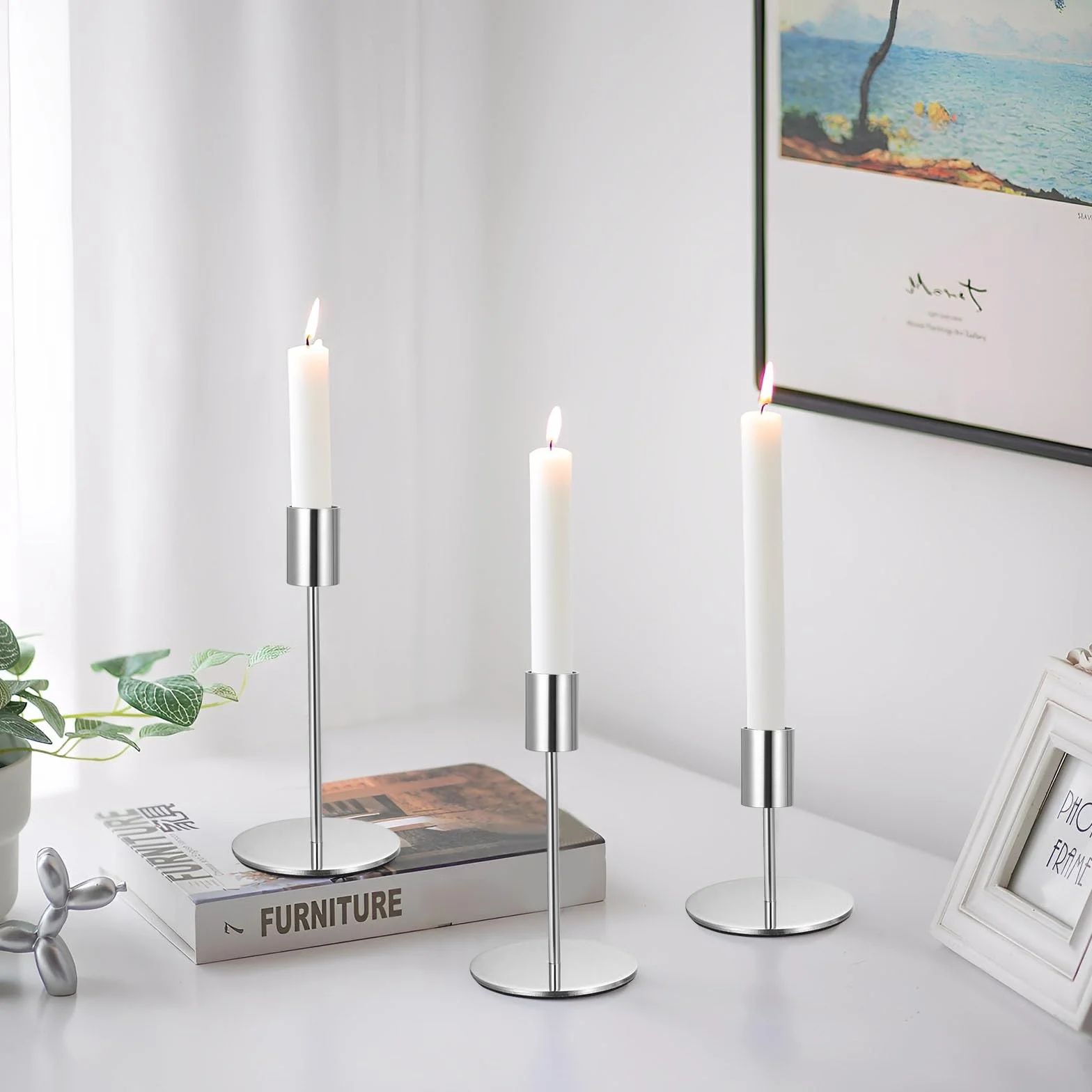3 Pz Porta Candele da Tavolo, Portacandele Argento, 8.5/14/16cm Candelabro Portacandele in Metallo per Candela cilindrica, Candeliere da Tavolo per Matrimoni Compleanni Natale Decorazioni(Argento)