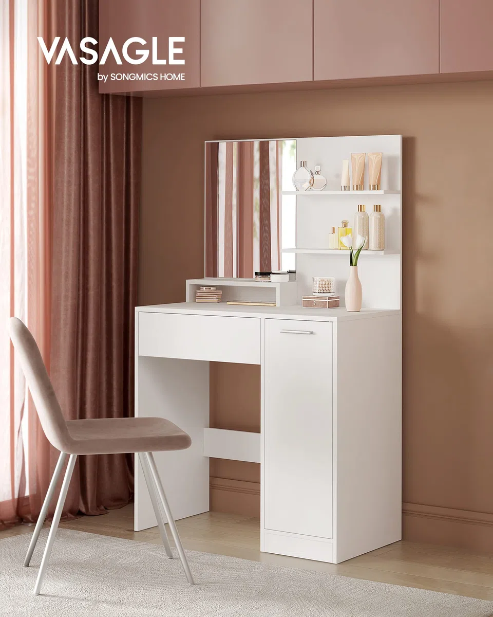 VASAGLE KAILYN Collezione - Toeletta, Tavolo da Trucco con Specchio Grande, Scomparto con 2 Ripiani Regolabili, 1 Cassetto, 2 Mensole, Postazione Trucco Moderna, Bianco RDT119W01