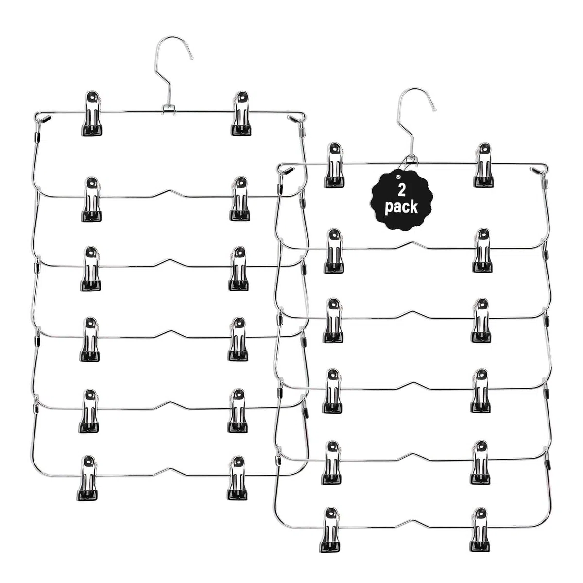 Grucce per gonne e pantaloni, con clip, a 6 livelli, salvaspazio, in metallo, antiscivolo, organizer per armadio e per riporre vestiti, pantaloncini (2, nero)