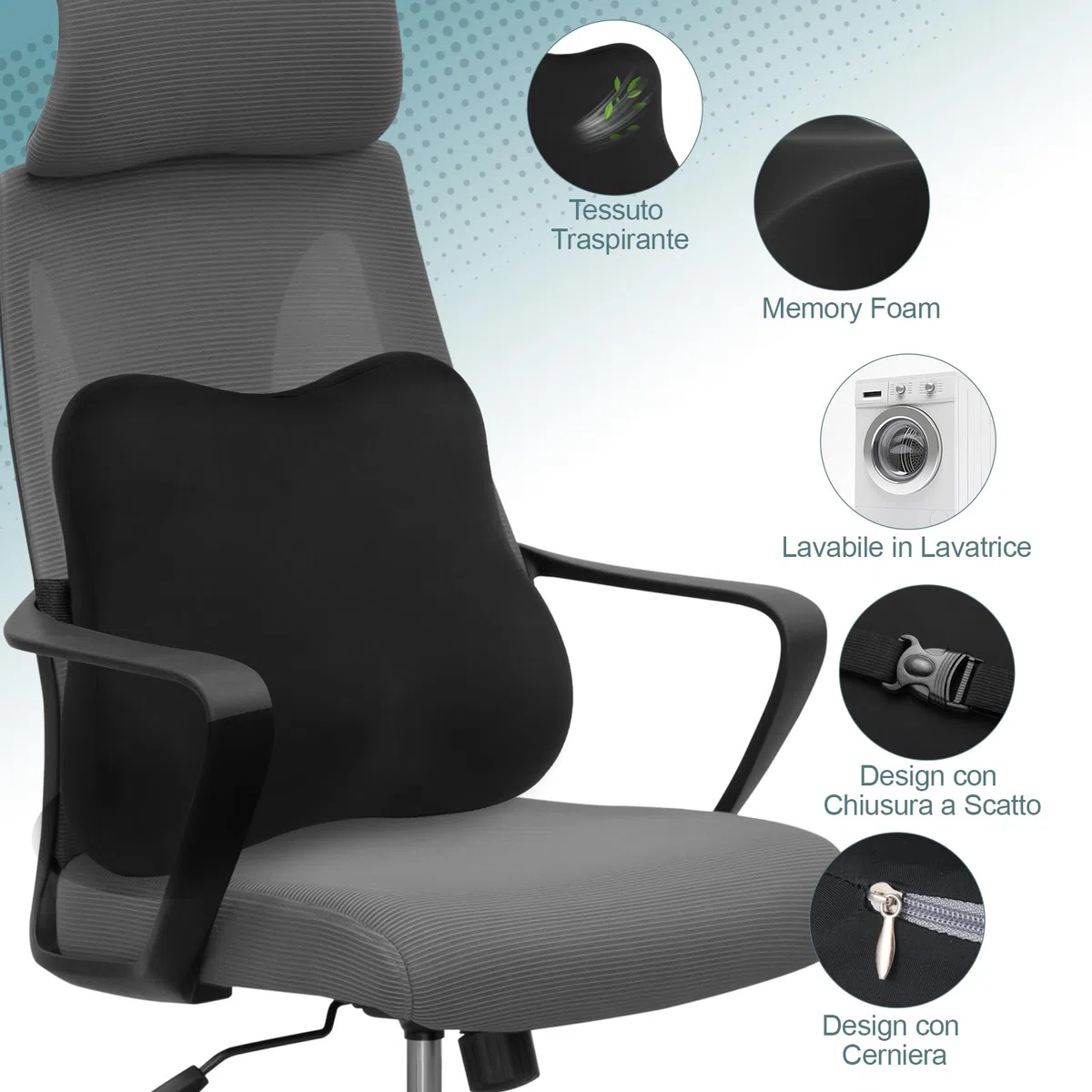 Cuscino Lombare, Supporto Lombare Auto Ergonomico, Cuscino Schienale in Memory Foam, Cuscino Lombare Sedia con Fodera Lavabile per Auto, Sedia Ufficio, Nero