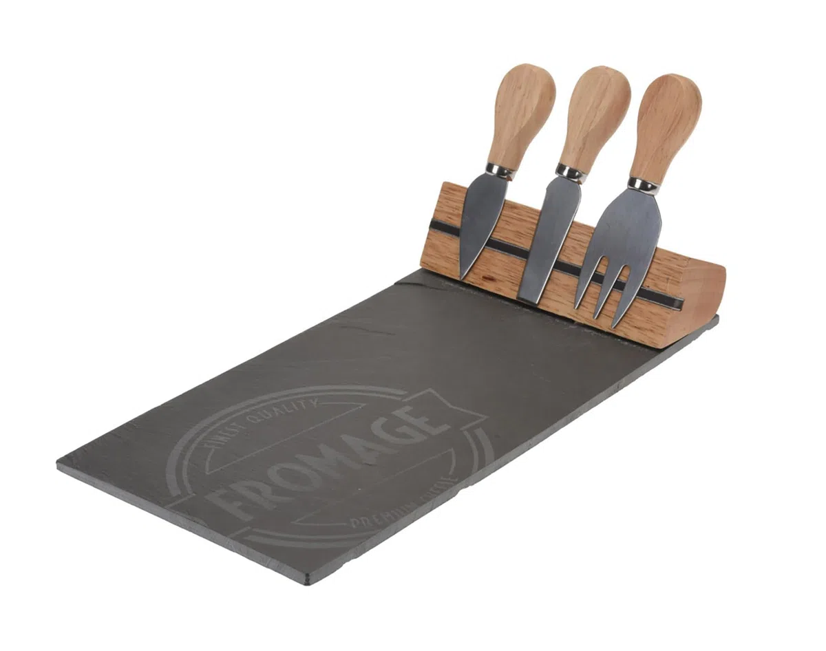 Set di piatti per formaggi in ardesia e bambù, 4 pezzi, 30 x 15 cm, con posate e supporto magnetico, piastra in ardesia per formaggio, con coltello da formaggio, per alimenti