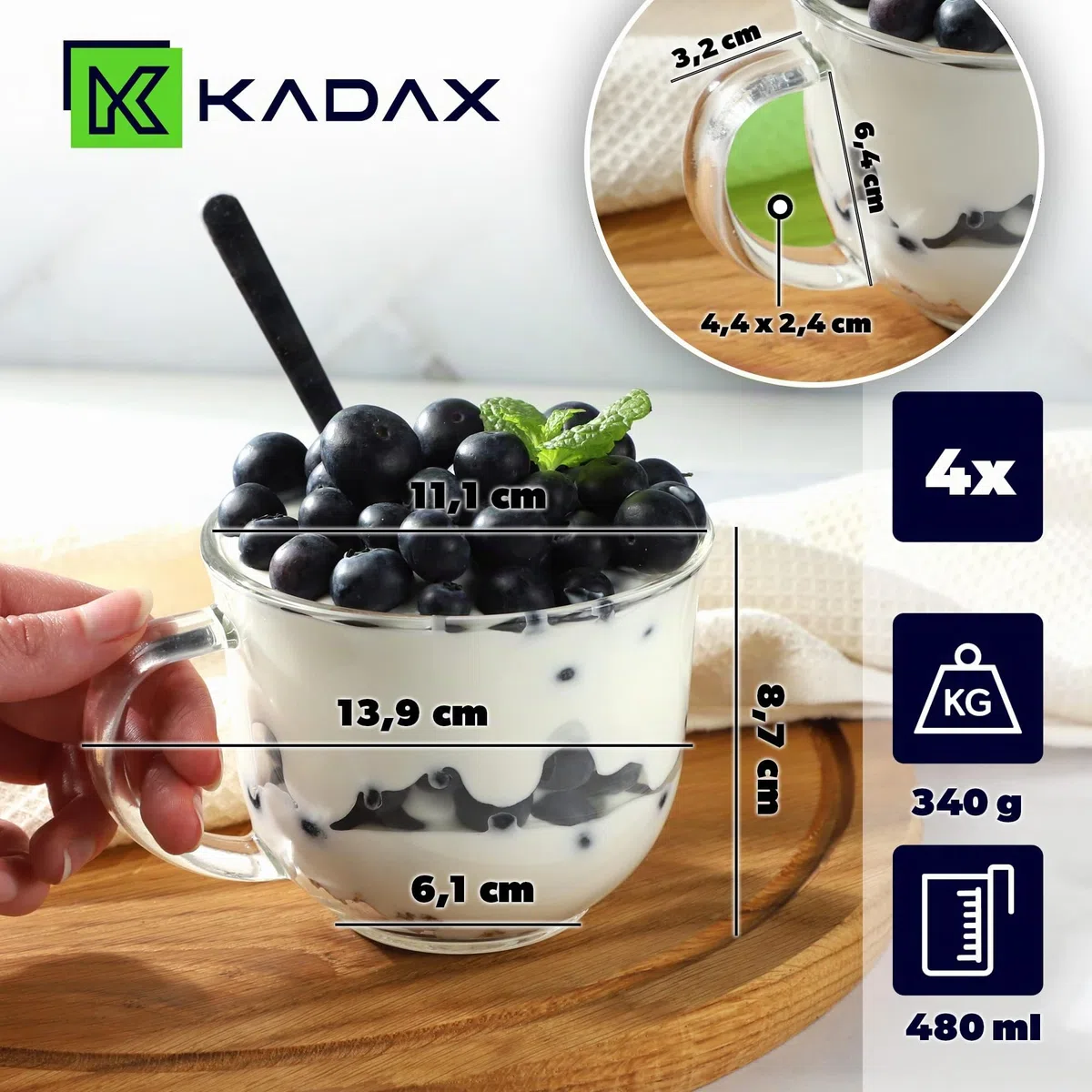 KADAX Bicchieri da tè con manico, set di tazze in vetro da 480ml, bicchieri da caffè lavabili in lavastoviglie, per bevande calde e fredde, tazze da caffè, bicchieri per succhi, tazze in vetro (480ml
