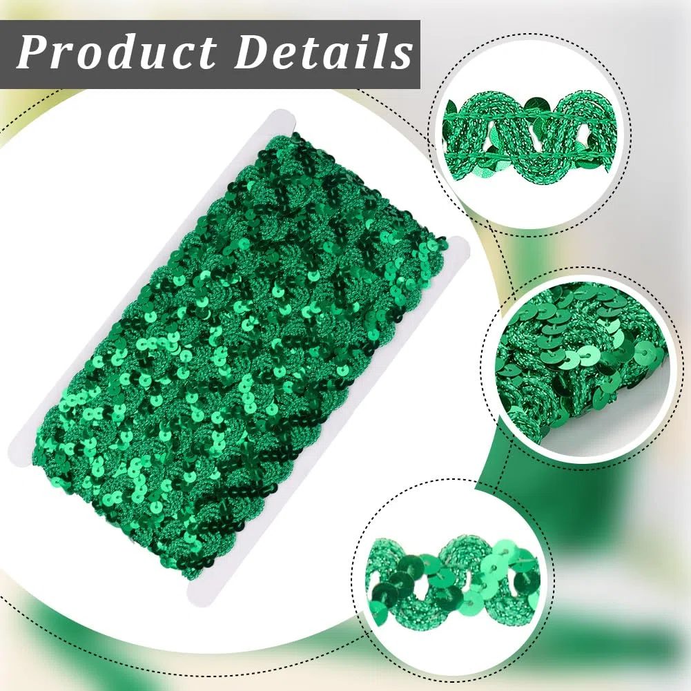 11M Nastro di Paillettes Verde Ricamo Glitter Paillettes Nastri di Poliestere Strisce Ondulate Rotonde Piatte per Cucire Decorazioni Natalizie Confezionamento Regalo Forniture per Artigianat